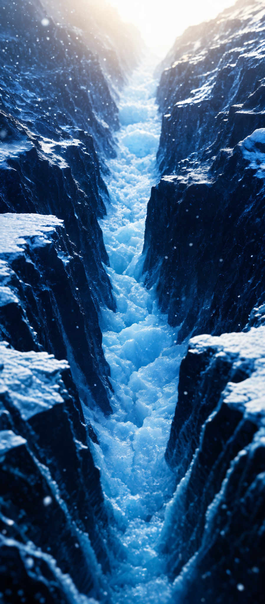 The image showcases a deep blue and icy landscape. The scene is dominated by a deep canyon or ravine filled with flowing water, which appears to be gushing with force. The water is a vibrant shade of blue, reflecting the surrounding icy environment. The canyons are rugged and have sharp edges, suggesting they might be made of ice or some other solid material. Snow or frost can be seen on the top edges of the canyones, indicating a cold environment. Snowflakes are also scattered throughout the image, adding to the wintry ambiance.