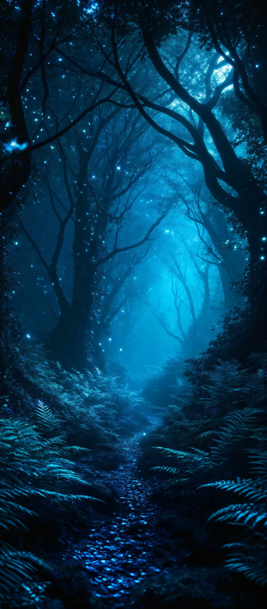 The image showcases a mystical and enchanting forest scene. Dominated by shades of blue and dark green, the forest appears to be thick with trees, their branches reaching out in various directions. The ground is covered with ferns and moss, and there's a small stream or pathway that reflects the blue light from above. The sky is obscured by the dense foliage, giving the impression of a night setting. Glowing orbs or fireflies can be seen scattered throughout, adding to the magical ambiance of the scene.