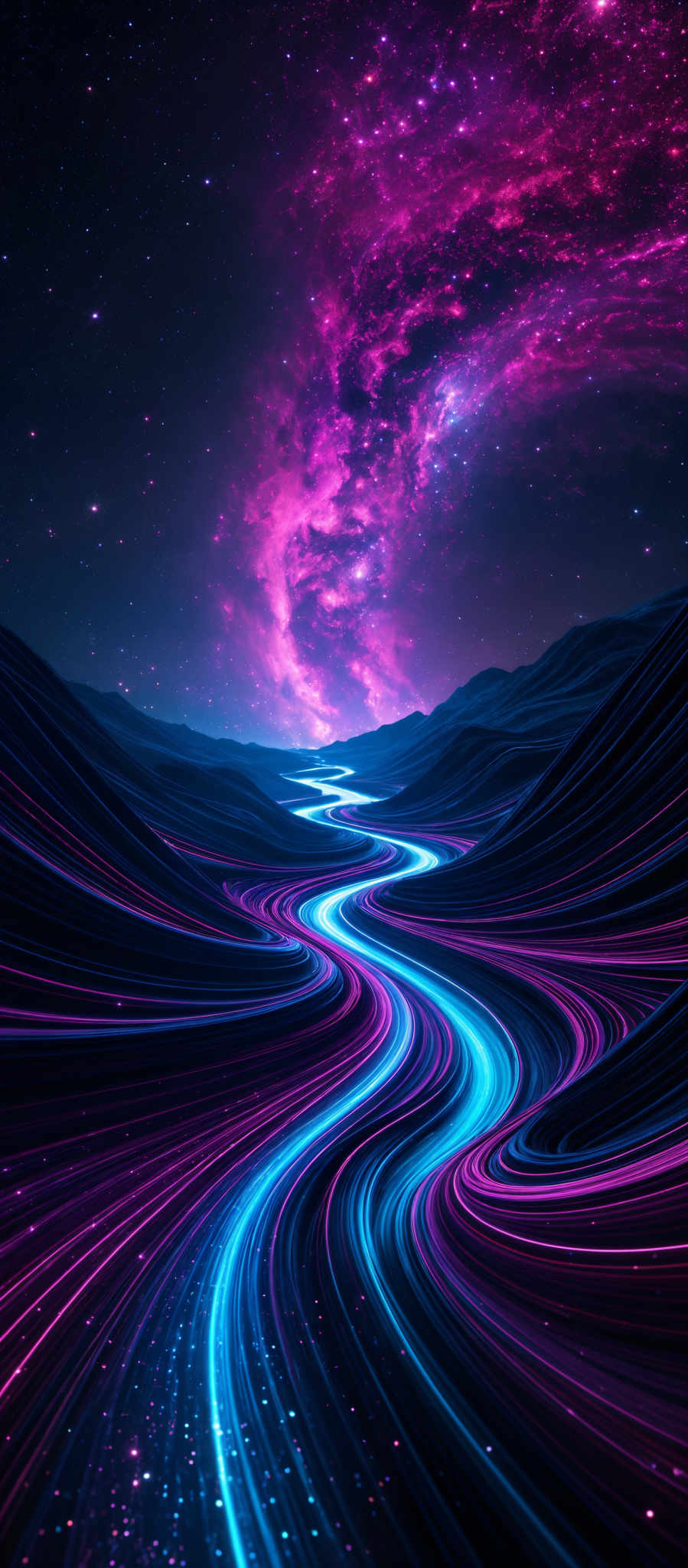 The image showcases a vibrant and mesmerizing cosmic scene. The dominant colors are shades of purple, pink, and blue. The shape is intricate, with swirling patterns resembling flowing rivers or streams of light. These streams of color seem to be winding through a series of undulating hills or mountains. Above, the vast expanse of space is filled with stars, and there's a nebulous formation that emits a bright pinkish glow. The overall impression is one of a surreal, otherworldly landscape, possibly representing the vastness and beauty of the universe.