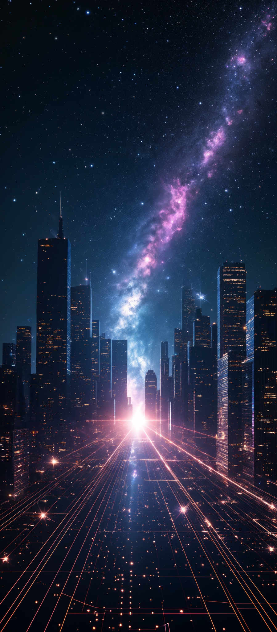 The image showcases a futuristic cityscape at night with tall skyscrapers. The buildings are illuminated with bright lights, creating a contrast against the dark sky. Above the city, there's a breathtaking view of the Milky Way galaxy, with its vibrant colors of purple, pink, and blue. The galaxy stretches across the sky, with stars scattered throughout. The ground appears to be made of a reflective material, possibly a grid or pathway, with bright, glowing lines running through it. The overall ambiance of the image is both serene and awe-inspiring, blending the beauty of nature with the adv