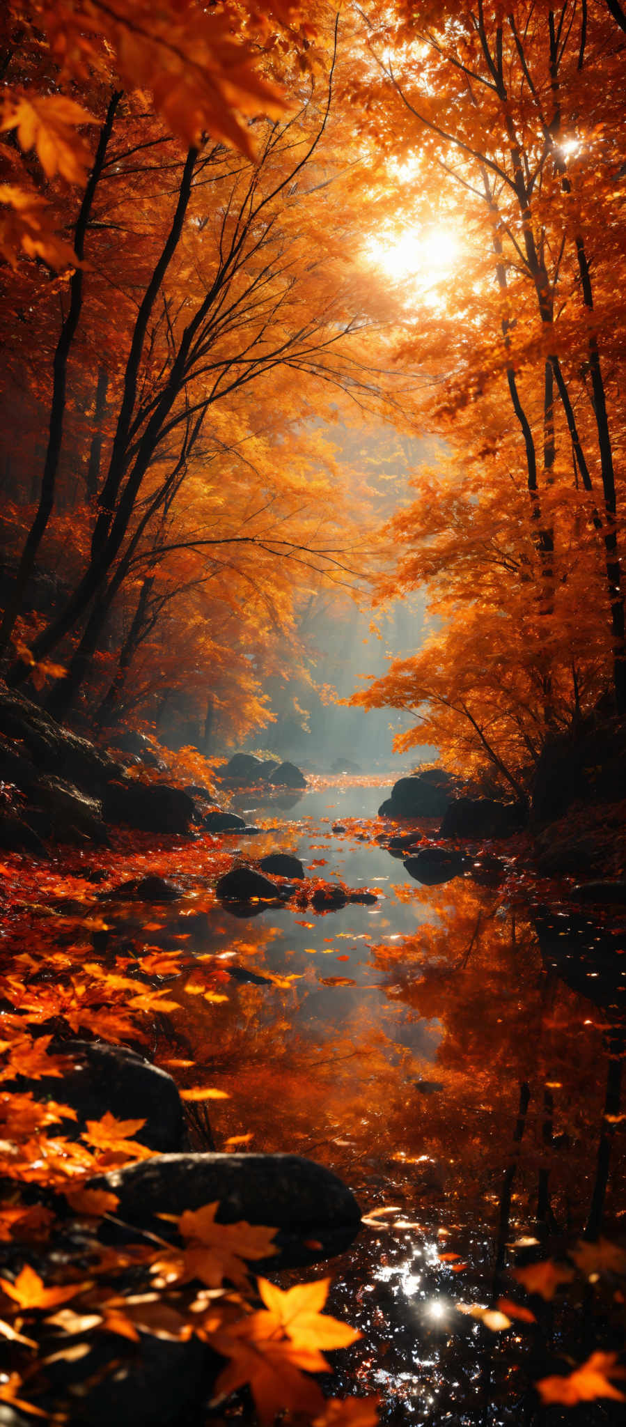 The image showcases a breathtaking autumnal scene. The dominant colors are various shades of orange, red, and yellow, representing the vibrant fall foliage. The trees have a tall and slender shape, with branches extending outwards. The ground is covered with fallen leaves, creating a carpet-like appearance. A serene river or stream flows through the scene, reflecting the trees and the sky. The water is calm, with a few rocks visible. Sunlight filters through the trees, casting a warm glow and creating a play of light and shadow.