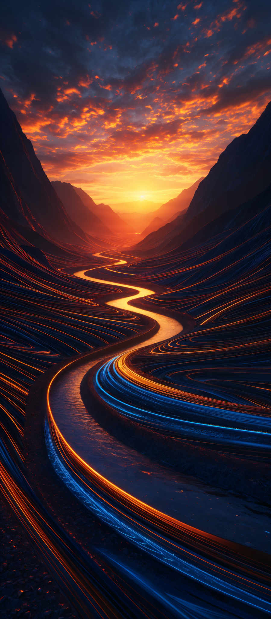 The image showcases a breathtaking landscape during sunset. The sky is painted with hues of orange, red, and blue, with scattered clouds reflecting the fiery colors. Below, a meandering river or stream snakes its way through a valley, its waters reflecting a brilliant golden-orange glow, likely from the setting sun. The riverbed is adorned with intricate patterns of blue and gold, resembling flowing lava or some form of abstract art. The surrounding terrain is rugged, with dark mountains on either side. The entire scene exudes a sense of serenity and awe.