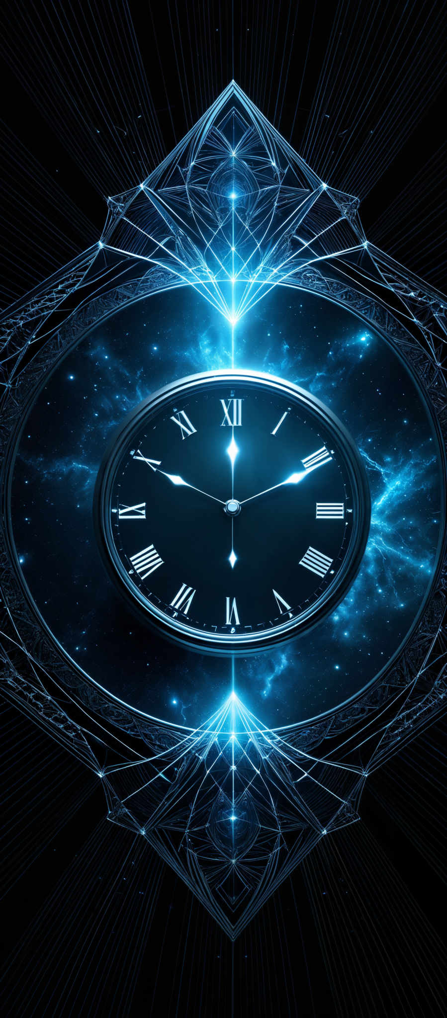 The image predominantly features shades of blue and black. The central element is a clock with Roman numerals, set against a backdrop of a cosmic, starry space. The clock's hands point to approximately 10:10. Surrounding the clock are intricate geometric patterns and designs, which appear to be made of a luminous, crystalline substance. These patterns radiate outwards, creating a sense of depth and dimension. The overall impression is one of a mystical or otherworldly timepiece.