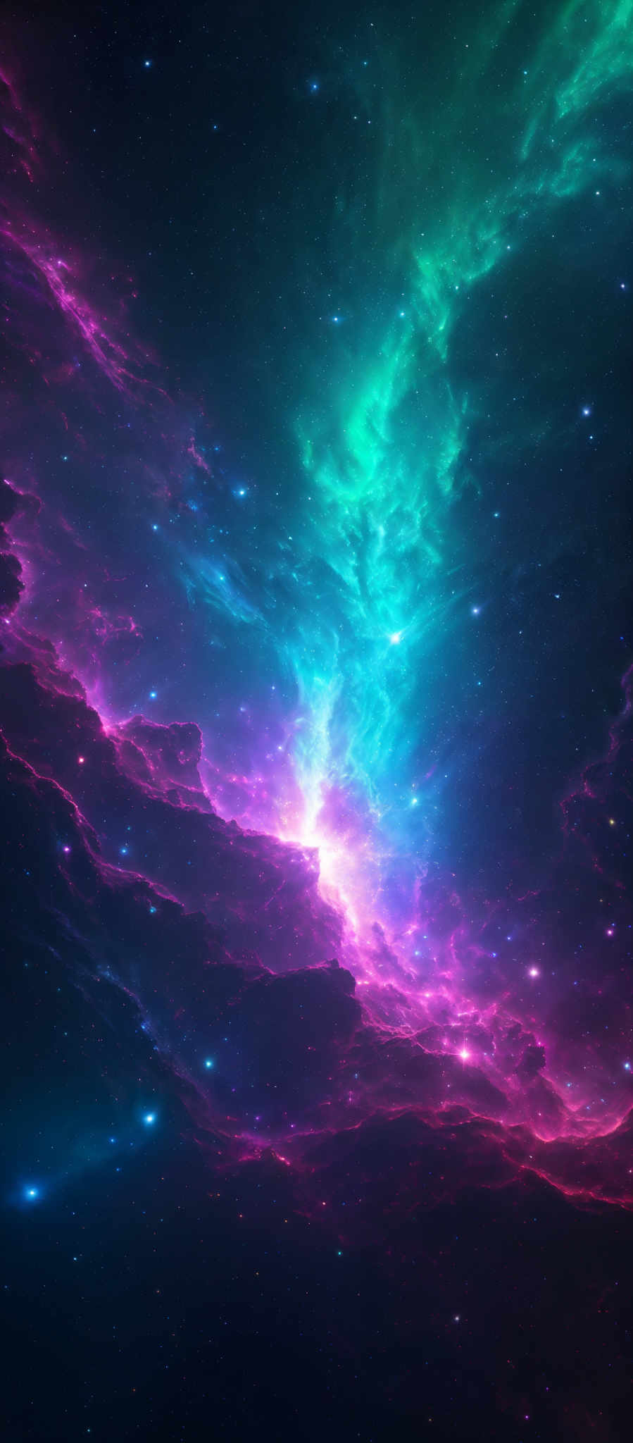 The image showcases a mesmerizing cosmic scene with a vibrant mix of colors. Dominating the scene are hues of green, blue, and pink, creating an ethereal glow. The colors seem to emanate from a central point, suggesting a nebula or a star. The shape is somewhat reminiscent of a wave or a flowing river of light, with the green and blue colors representing the water and the pink representing the foam or crest. The background is filled with a deep black, punctuated with distant stars, adding depth and dimension to the scene.