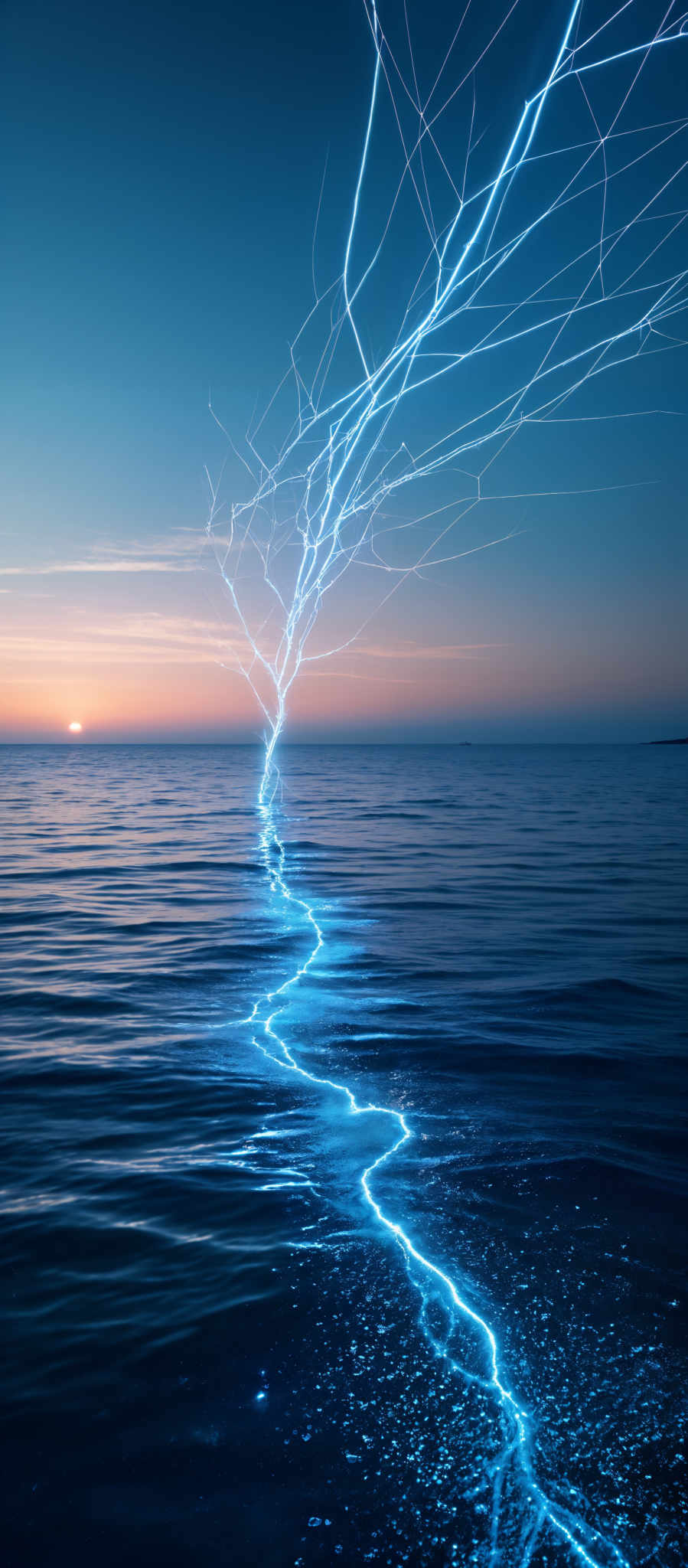 The image showcases a serene seascape during sunset. The sky is painted in hues of blue, transitioning to a warm orange near the horizon. The sun is visible, casting a soft glow over the calm waters. A striking feature of the image is a series of bright blue, lightning-like bolts that seem to originate from the horizon and shoot upwards, creating intricate patterns in the sky. These bolts also trace a path downwards, reflecting off the water's surface, creating a shimmering trail.