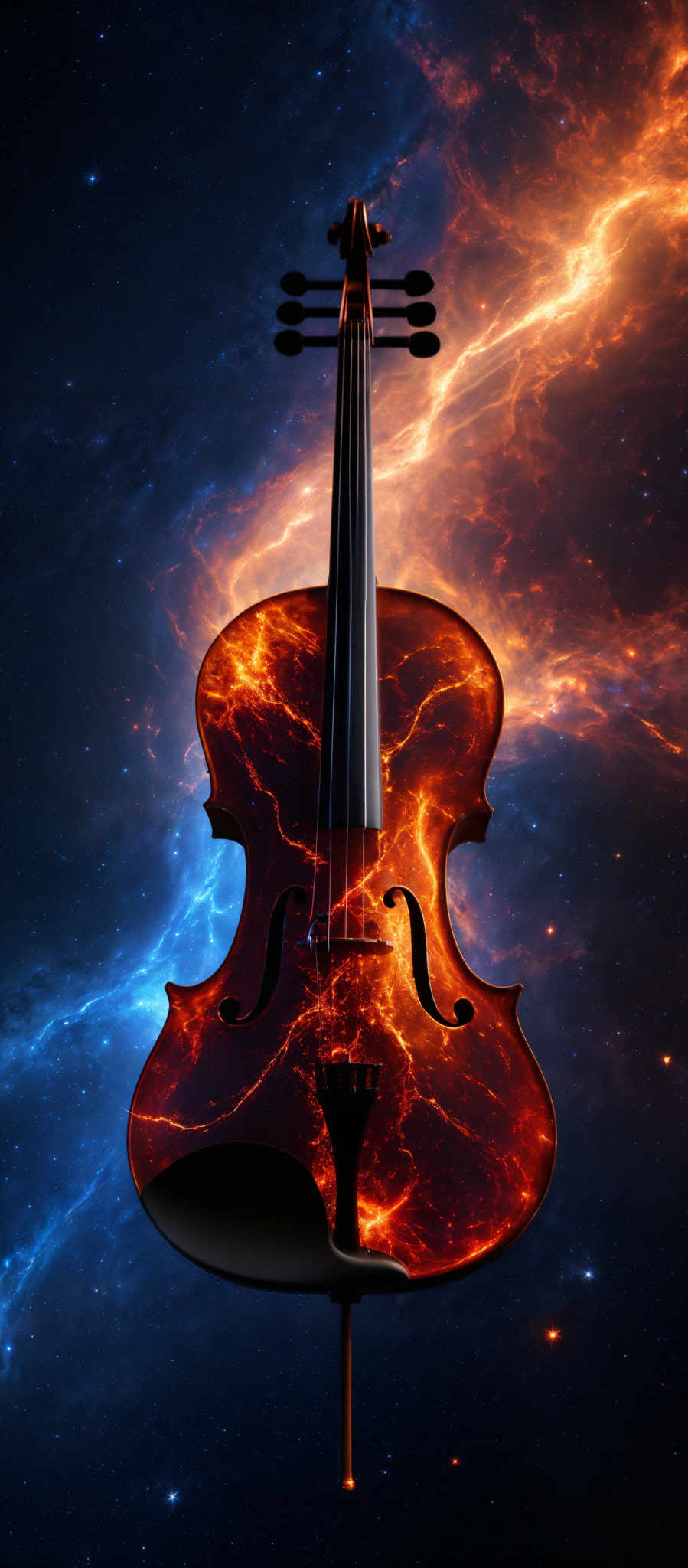 The image showcases a violin set against a cosmic backdrop. The violin itself is intricately designed with fiery, molten lava patterns, giving it a surreal and dramatic appearance. The background is a vast expanse of space, filled with swirling nebulae, radiant stars, and cosmic dust. The colors are a vibrant mix of deep blues, fiery oranges, and intense reds, creating a stark contrast between the warmth of the violin and the coldness of space.