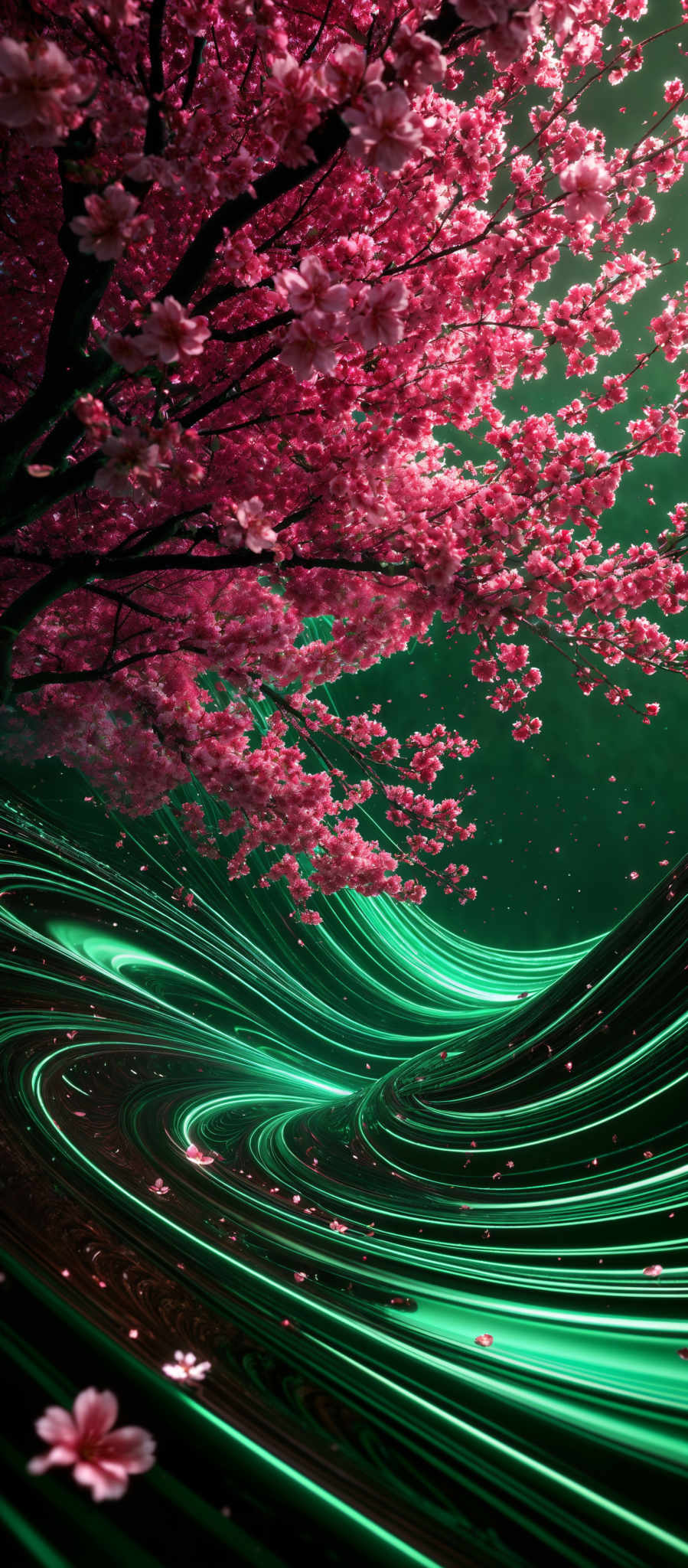 The image showcases a vibrant scene with a tree in full bloom, its branches laden with pink blossoms. The background is dominated by swirling, vivid green patterns that resemble flowing water or energy. These patterns are contrasted against a dark, almost black, backdrop, creating a visually striking contrast. The overall mood of the image is one of serenity and natural beauty.