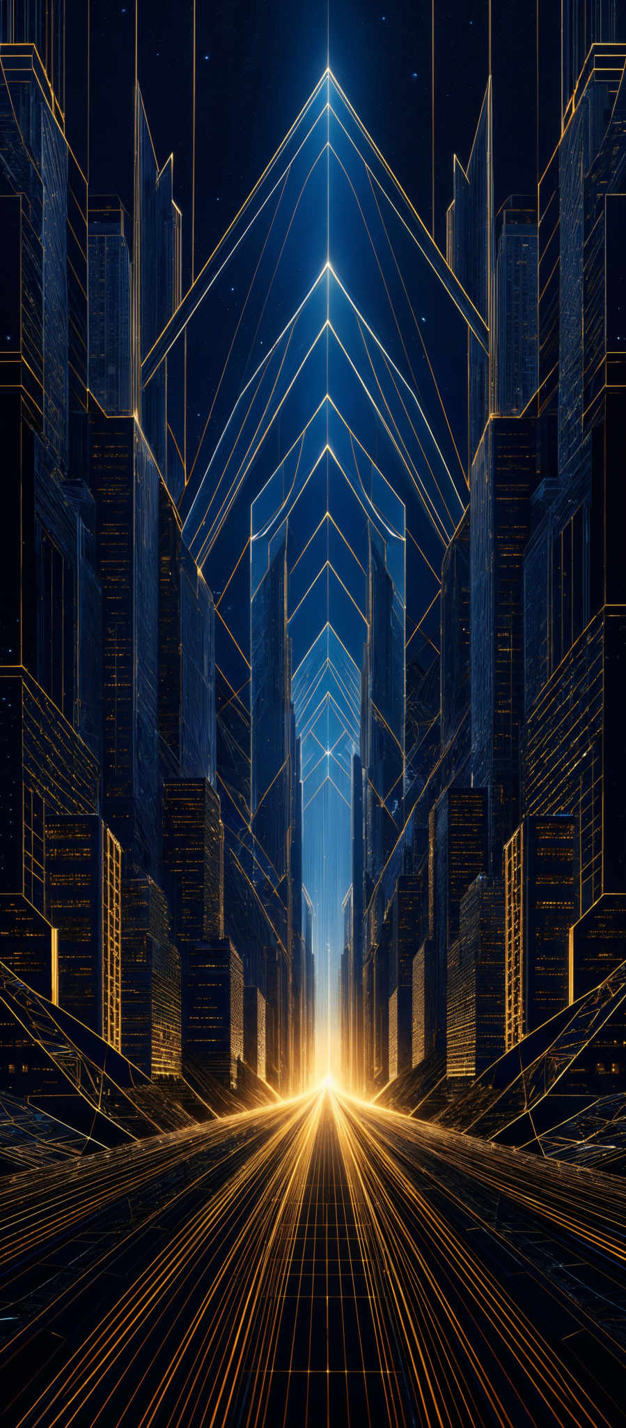 The image showcases a futuristic cityscape with towering skyscrapers. The dominant colors are deep blues and golds. The skyscraper structures are intricately designed with geometric shapes, predominantly triangles, forming a symmetrical pattern. The ground is adorned with golden linear patterns that seem to be emanating or reflecting light, giving the impression of a shimmering pathway. The sky is dark, suggesting it might be nighttime, and there are small white dots, possibly representing stars or distant lights.