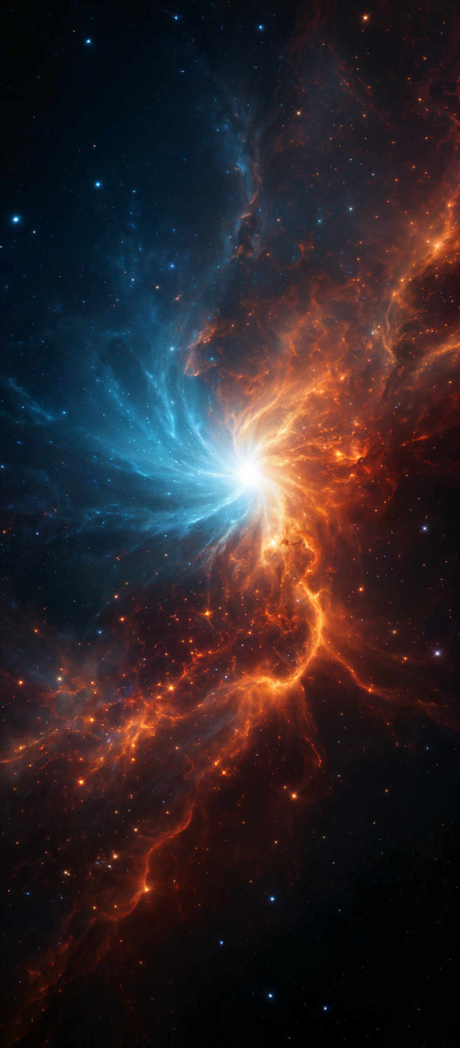 The image showcases a breathtaking cosmic scene. Dominating the center is a radiant burst of light, possibly a star or supernova, emanating a brilliant blue glow. Surrounding this central light source are swirling patterns of fiery orange and red nebulae, interspersed with pockets of deep space darkness. These nebular formations appear dynamic, with tendrils of gas and dust being illuminated by the central light, creating a mesmerizing interplay of colors and shapes.