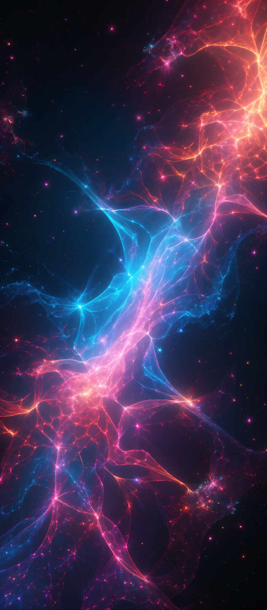 The image showcases a vibrant and mesmerizing cosmic scene. It predominantly features swirling patterns of neon colors, including shades of blue, pink, and orange. These neon patterns resemble intertwining energy lines or cosmic tendrils, creating a sense of movement and dynamism. The background is dark, with specks of light that could represent distant stars or galaxies, further enhancing the otherworldly ambiance.