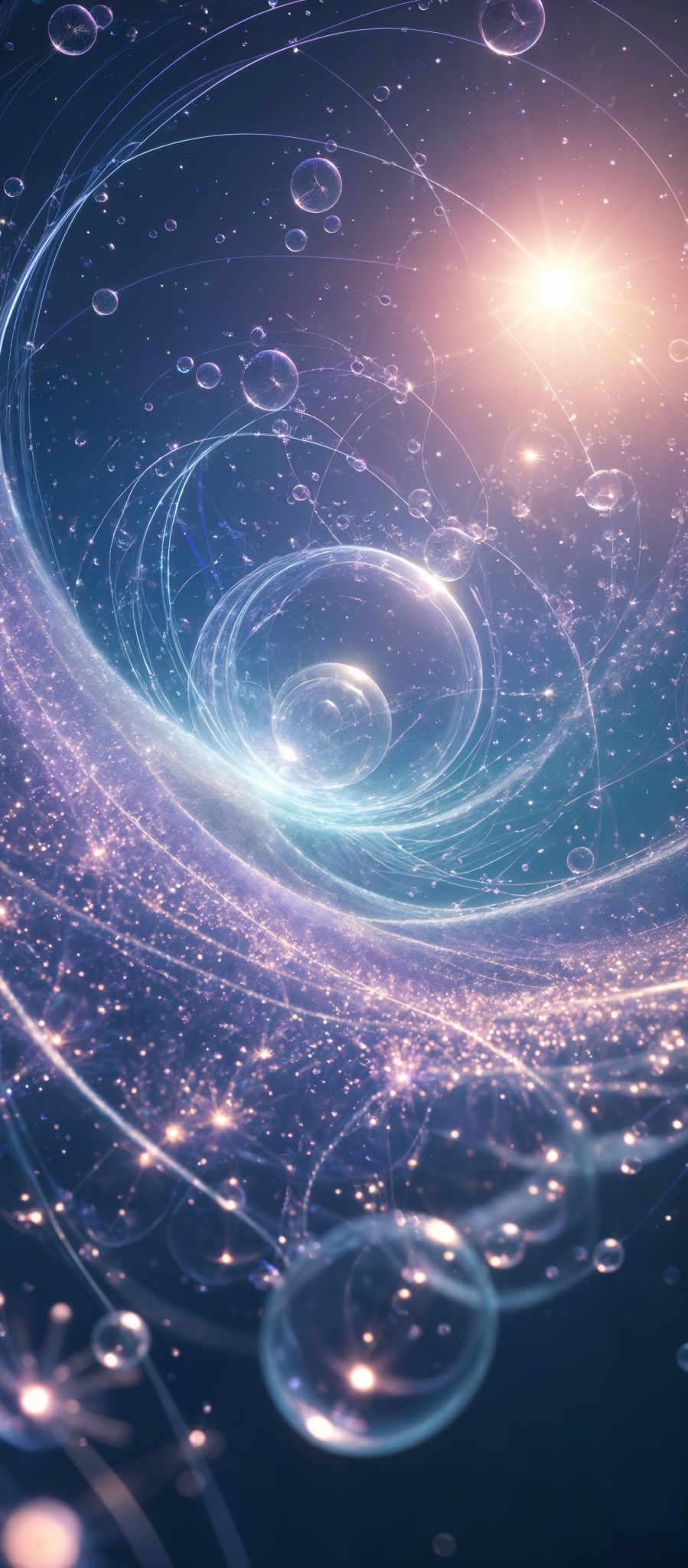 The image showcases a mesmerizing cosmic scene. It predominantly features hues of blue, purple, and a touch of gold. The central part of the image displays a swirling vortex or wormhole, surrounded by numerous bubbles of varying sizes. These bubbs seem to be floating in a space filled with stars, giving the impression of a vast, interstellar expanse. The swirled patterns and the bubbly formations create a sense of movement and depth, transporting the viewer to a realm beyond our understanding of the universe.