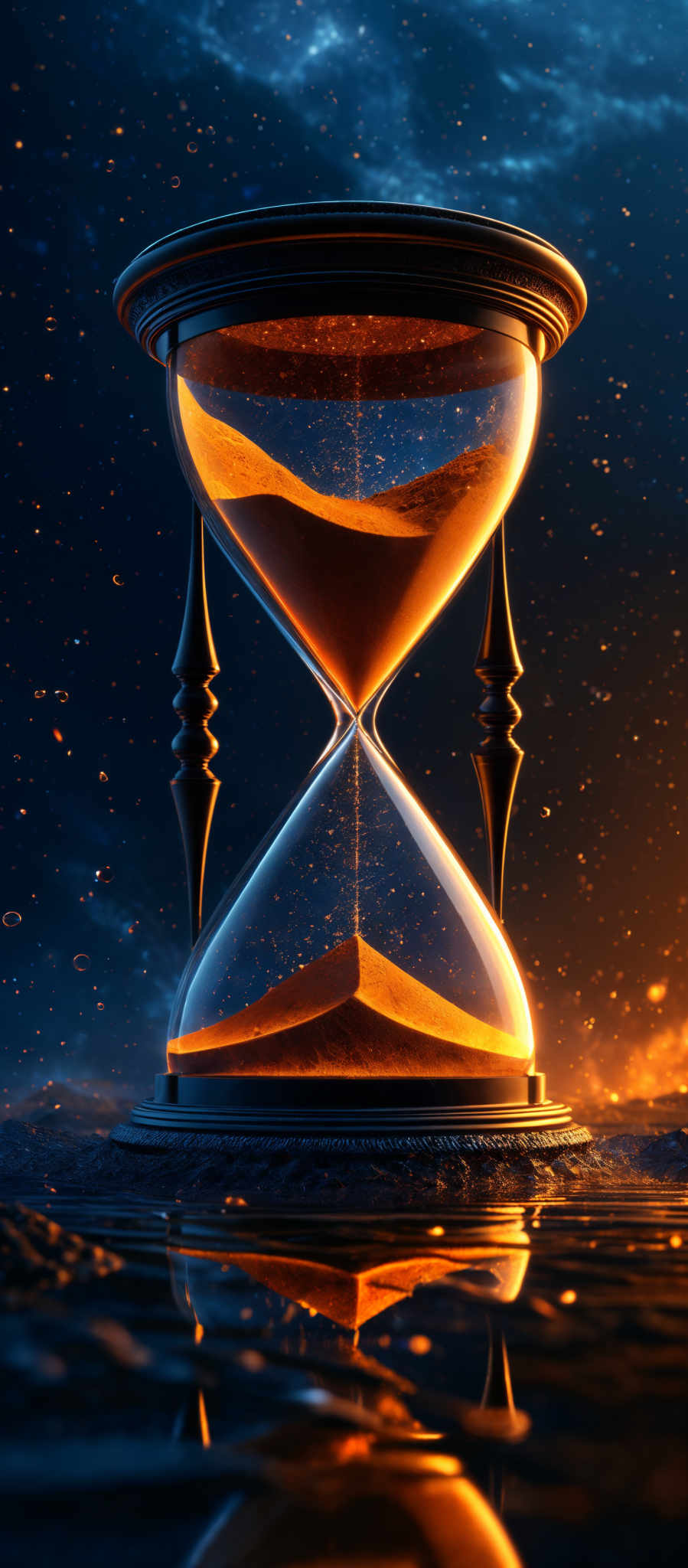 The image showcases a vibrant and dramatic scene. The dominant colors are deep blues and fiery oranges. The shape is that of an hourglass, with the top bulb filled with a golden sand and the bottom bulb empty. The hourglass is placed on a reflective surface, possibly water, which mirrors its image. The background is a cosmic setting with a starry night sky and a glowing horizon, suggesting a juxtaposition of time and eternity.