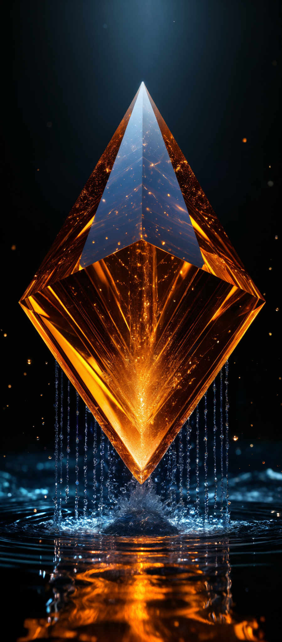 The image showcases a three-dimensional, prism-like object that appears to be made of a translucent, glowing material. It is tilted at an angle, revealing its multi-faceted surfaces. The predominant color of the object is a vibrant orange, which emanates a warm, radiant glow. The background is dark, contrasting sharply with the object's luminosity. Small particles or specks are scattered throughout the image, adding to the ethereal and mystical ambiance.