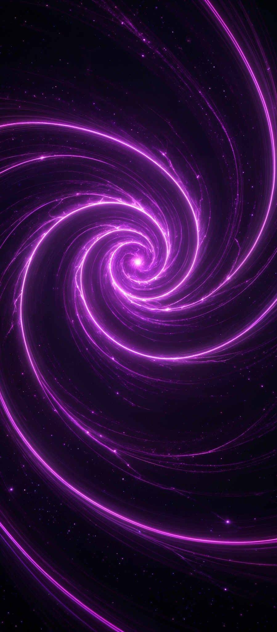 The image showcases a mesmerizing swirl of vibrant purple and pink neon lights against a dark background. The swirl appears to be a spiral, reminiscent of a galaxy or a vortex, with the neon lines emanating from a central point and spiraling outwards. The background is dotted with tiny specks, possibly representing distant stars or other celestial bodies.