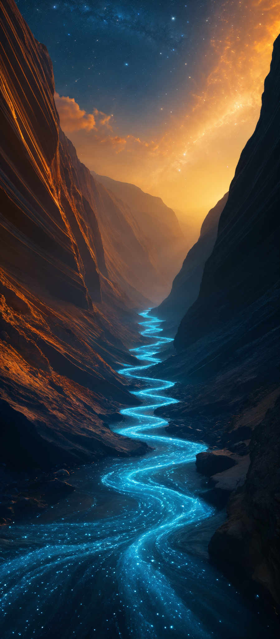 The image showcases a breathtaking landscape with a winding river or stream that appears to be glowing with a luminescent blue hue. The river meanders through a canyon with steep, rugged cliffs on either side. The cliffs exhibit layered patterns, suggesting years of erosion and geological changes. Above, the sky is a mix of deep blues and fiery oranges, hinting at either a sunrise or sunset. The sky is also dotted with stars, suggesting a clear night.