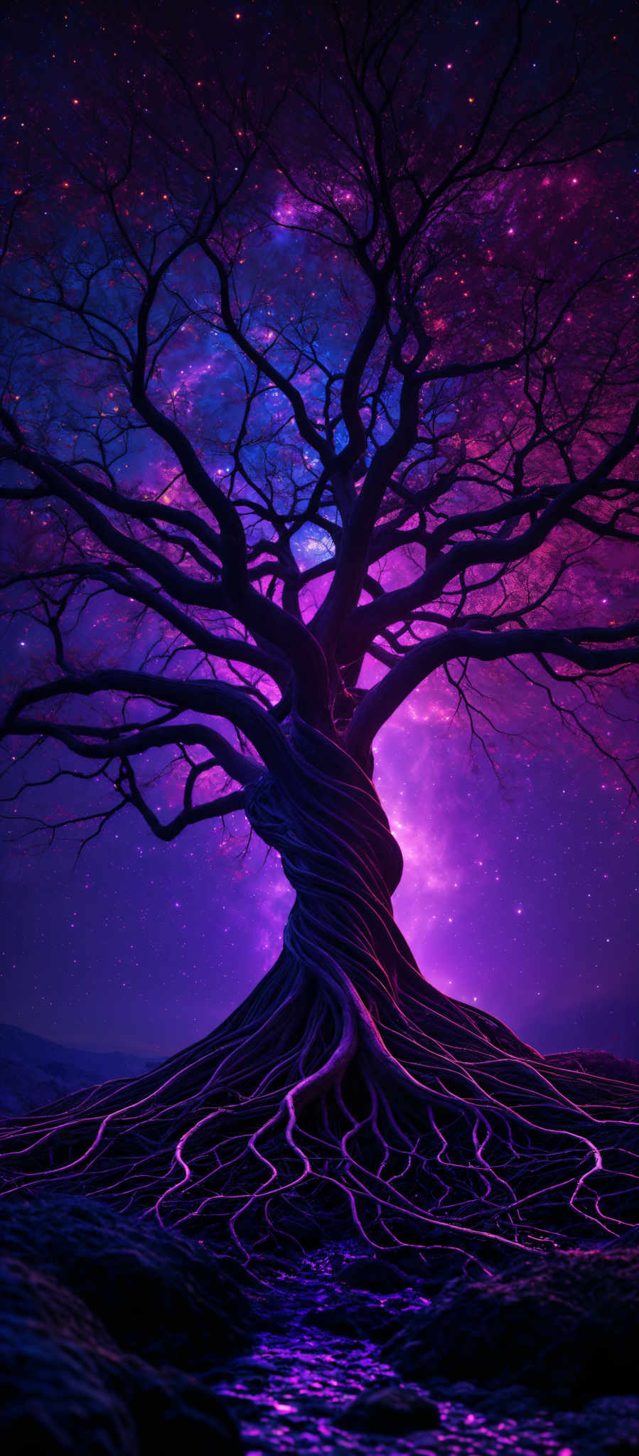 The image showcases a vibrant and surreal landscape dominated by a large, twisted tree with sprawling branches. The tree's roots are intricately intertwined, extending outwards and upwards, creating a web-like pattern. The ground is rocky and uneven, with the roots of the tree extending over it. Above, the sky is a breathtaking display of purple and blue hues, dotted with numerous stars. The overall ambiance is mystical and otherworldly.