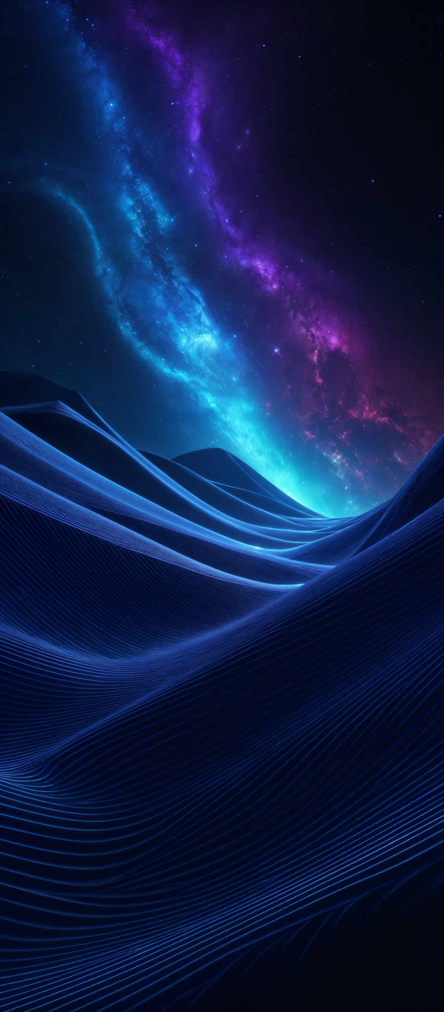 The image showcases a mesmerizing cosmic scene with a vibrant mix of colors. The dominant colors are shades of blue, purple, and pink, which seem to represent a galaxy or nebula. The shape is predominantly curved, with the colors flowing like a river of stars across the sky. Below this celestial display, there are undulating patterns that resemble sand dunes or waves, bathed in a soft blue light. The overall composition gives a sense of vastness and wonder, blending the familiar with the otherworldly.