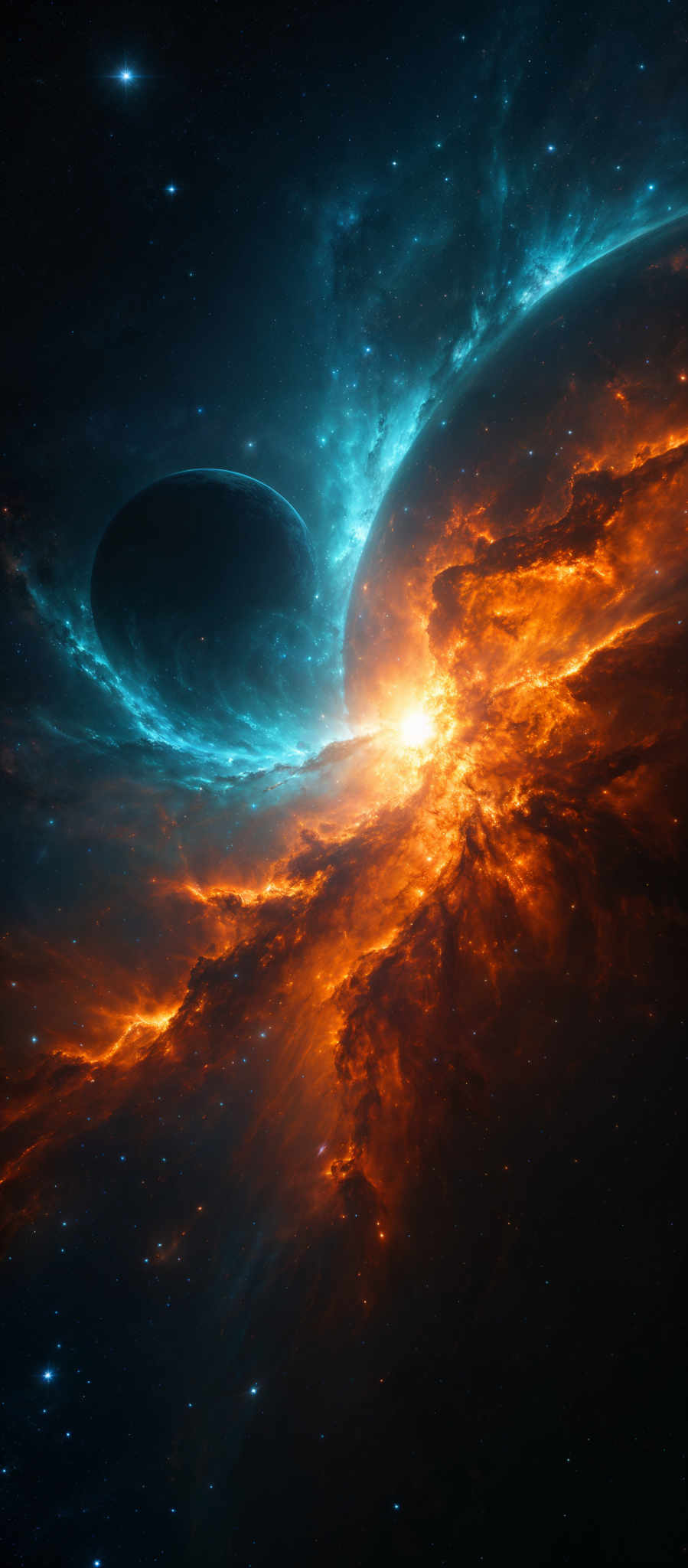 The image showcases a breathtaking cosmic scene. Dominating the foreground is a fiery, golden-orange nebula, radiating intense heat and light. This nebular formation appears to be in the process of being consumed by a massive, dark celestial body, possibly a planet or a moon. The celestious body is partially obscured by the nebule, revealing a dark, smooth surface. Surrounding this central scene are vast expanses of space filled with twinkling stars, some of which are brighter than others. The backdrop is a deep blue, representing the vastness of outer space. The overall composition is both awe-inspiring