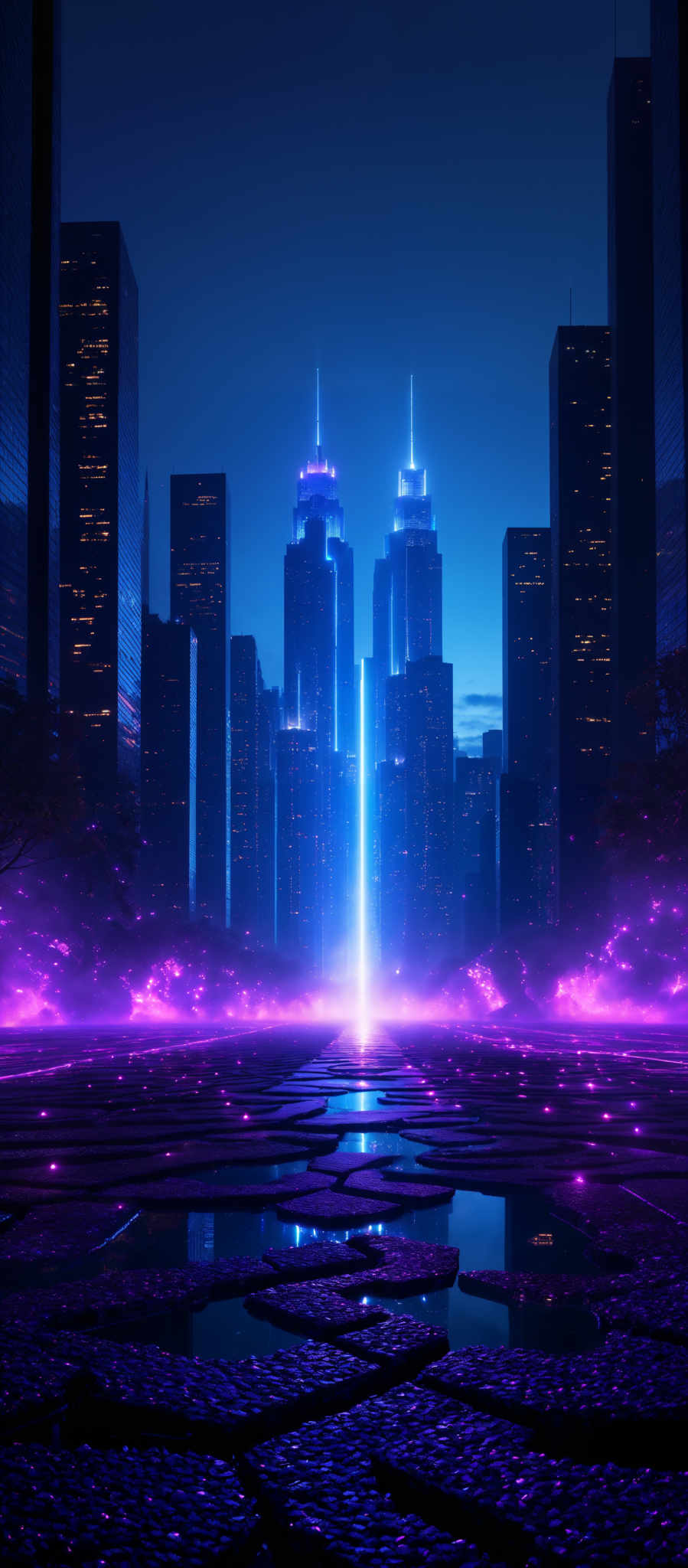 The image showcases a futuristic cityscape during nighttime. The dominant colors are shades of blue and purple, creating a neon-like ambiance. The city is adorned with tall skyscrapers, some of which have bright vertical lights emanating from their tops. The ground is covered with a patterned, reflective surface, possibly made of stone or a similar material, that mirrors the city's lights. The skyline is dotted with trees, and there's a misty or foggy atmosphere, adding to the ethereal quality of the scene.