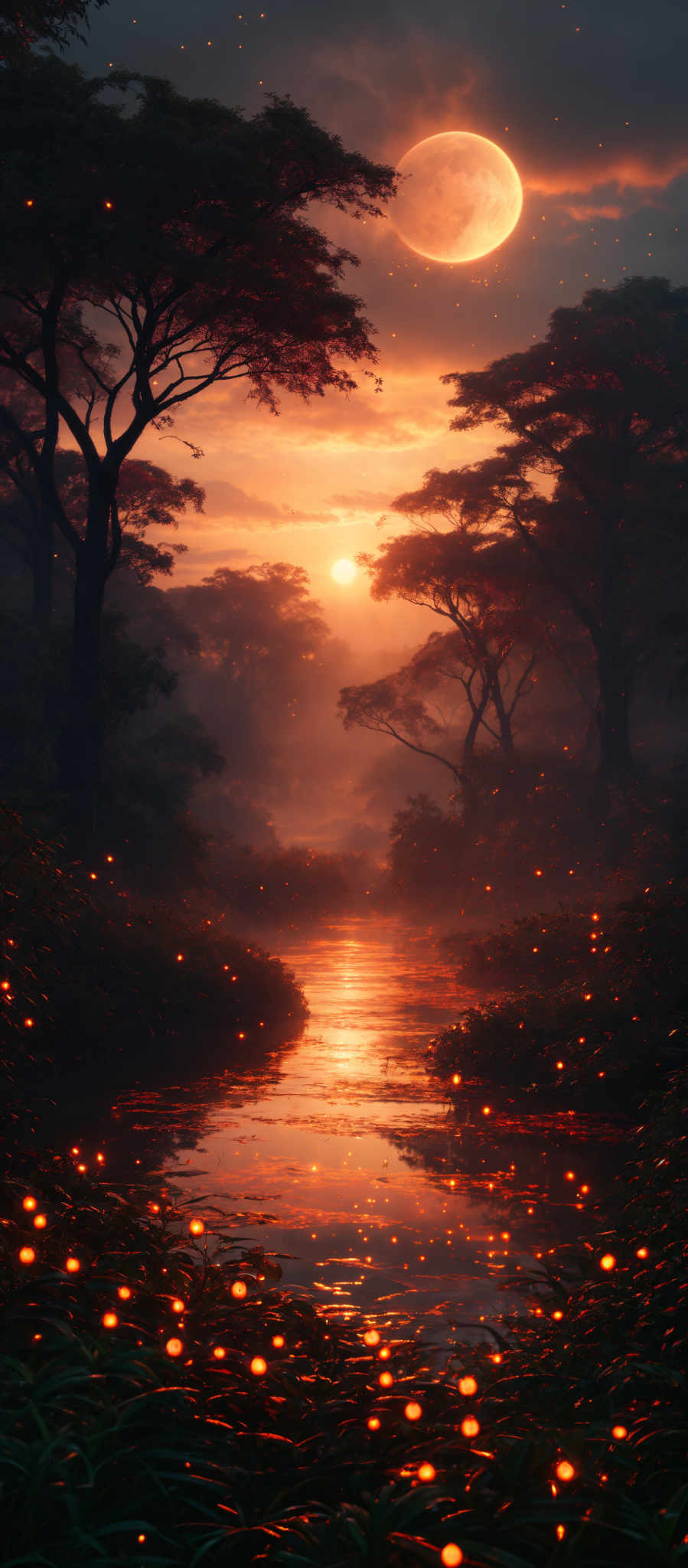 The image showcases a captivating scene of a forest during what appears to be either dawn or dusk. The sky is painted with hues of orange, yellow, and a touch of blue, with a large, glowing moon in the background. The forest is dense with trees, their silhouettes contrasting against the luminous sky. The ground is covered with lush green vegetation, and there's a serene body of water reflecting the colors of the sky. Scattered throughout the scene are glow-in-the-dark orbs, possibly fireflies, adding a magical touch to the setting.