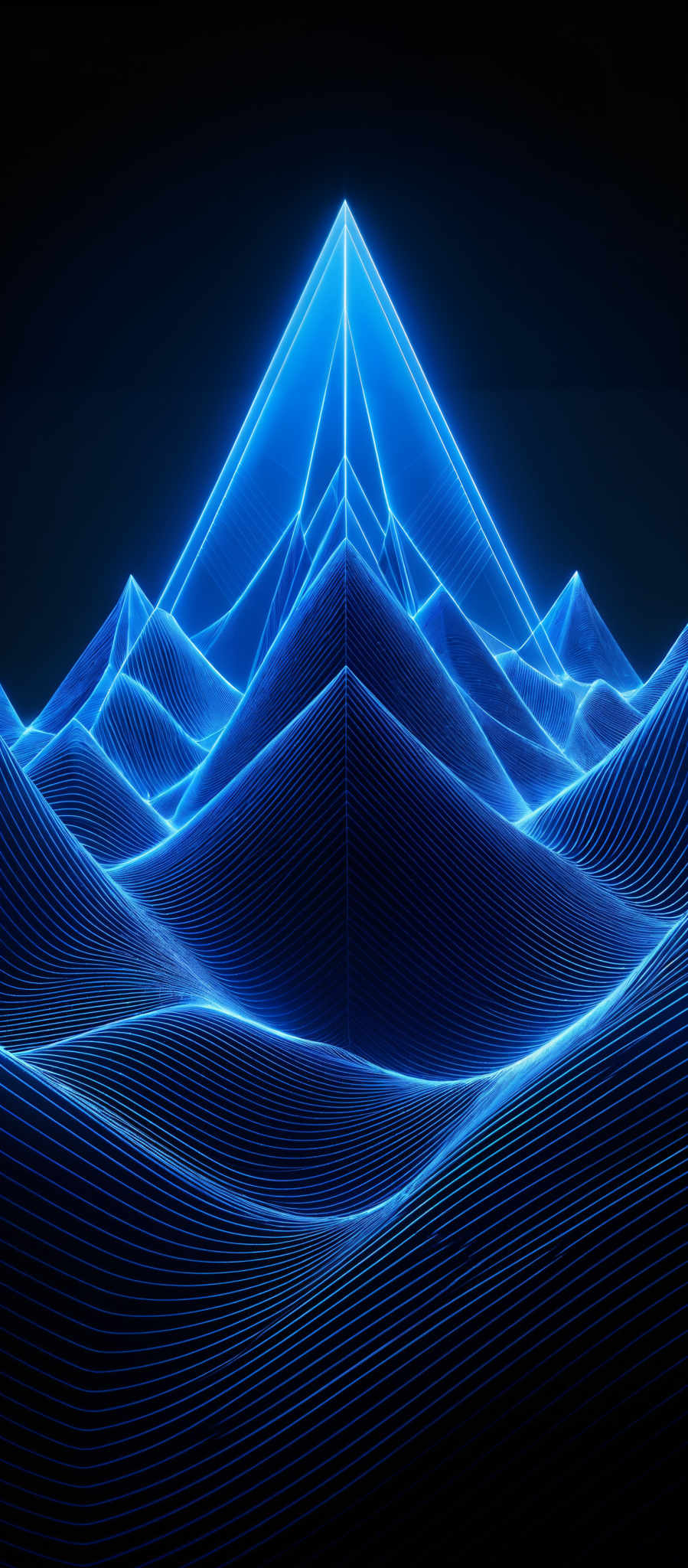 The image showcases a digital or abstract representation of a mountainous landscape. The dominant color is a deep shade of blue, which gives the image a neon or cybernetic feel. The mountains are depicted with intricate lines, creating a sense of depth and dimension. The central peak is particularly prominent, with its edges sharply defined, contrasting with the softer contours of the surrounding mountains. The overall design is reminiscent of wireframe graphics or digital topography.