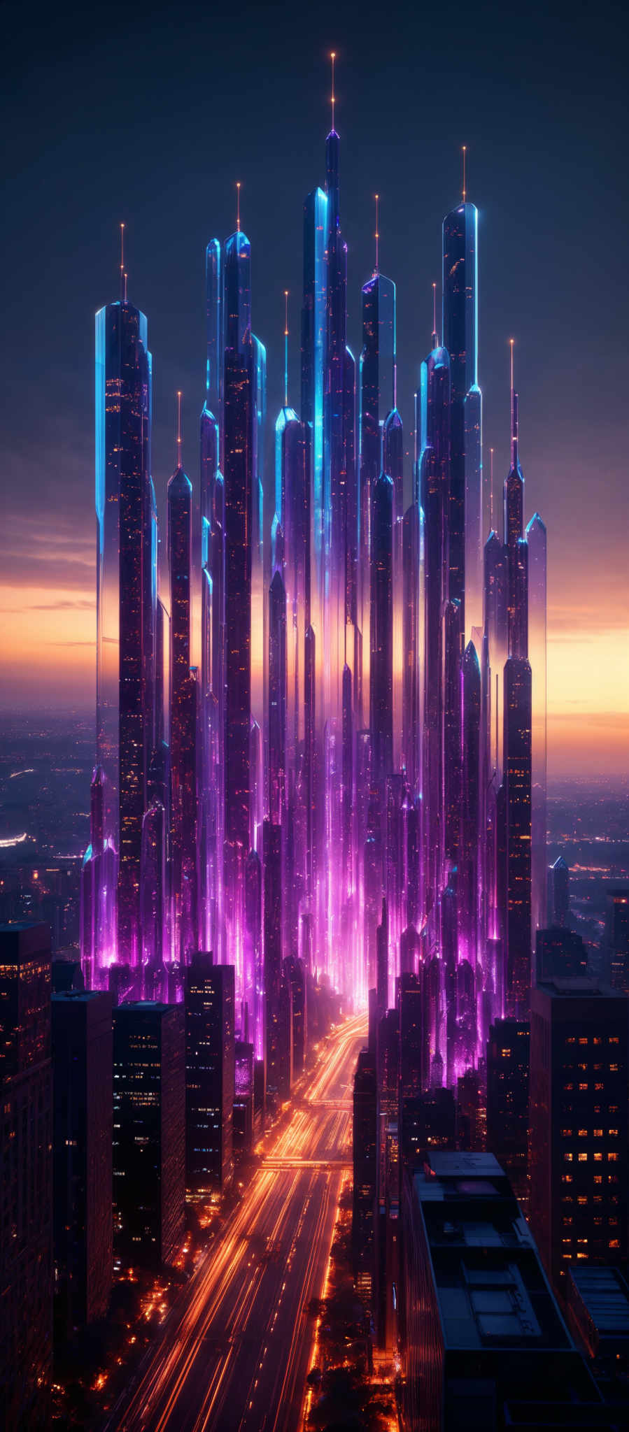 The image showcases a futuristic cityscape during what appears to be dusk or dawn. The sky is painted with hues of orange, pink, and purple, suggesting the transition between day and night. The city is dominated by tall, sleek skyscrapers that glow with neon colors, primarily blue and purplish hues. These buildings seem to be made of a reflective material, as they shimmer and reflect the colors of the sky. The lower part of the image displays a bustling street with cars, illuminated by long exposure shots, creating streaks of light. The overall ambiance of the picture is both serene and vibrant, capt