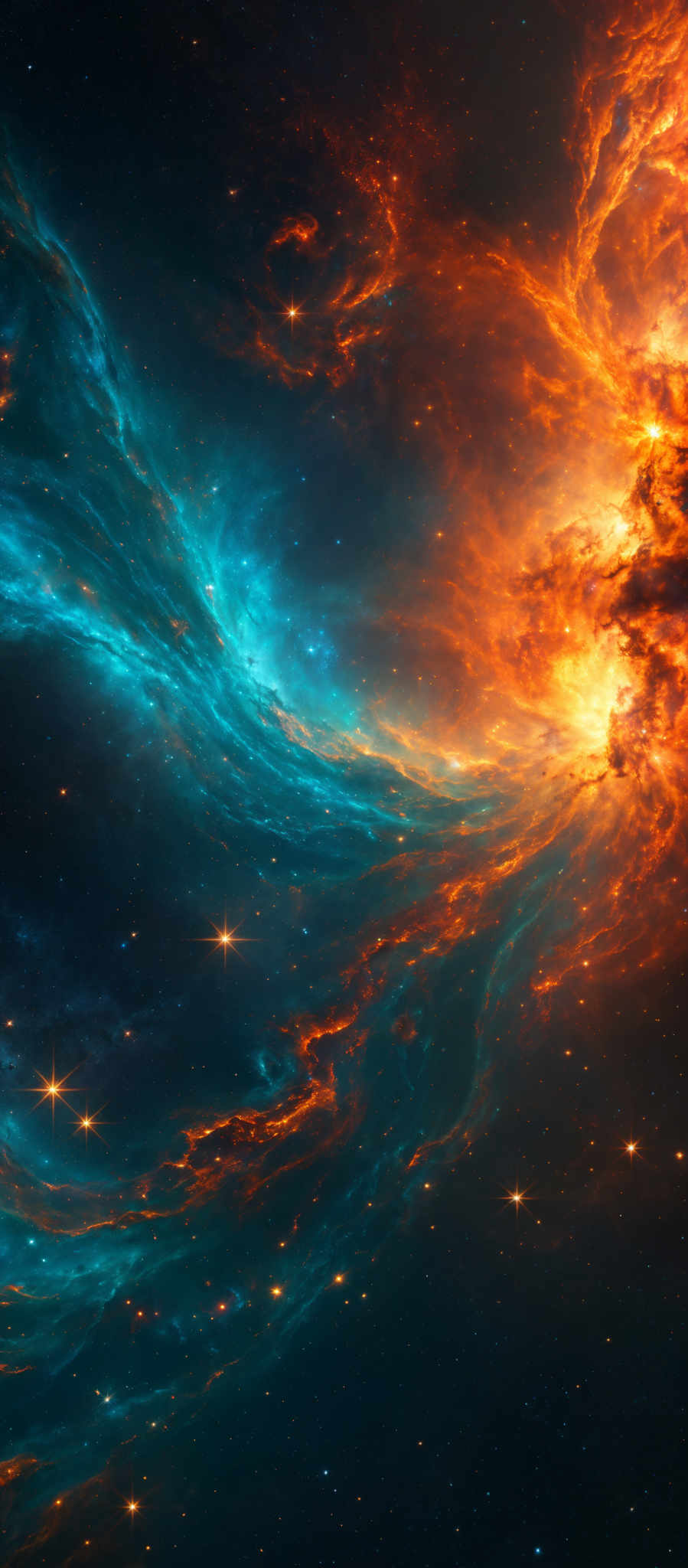 The image showcases a mesmerizing cosmic scene with swirling patterns of vibrant colors. Dominating the image are deep blues and fiery oranges, reminiscent of nebulae and galaxies. The swirls and patterns give the impression of vast cosmic structures, possibly representing gas and dust clouds in space. The image is dotted with bright stars, adding to the sense of depth and vastness of the universe.