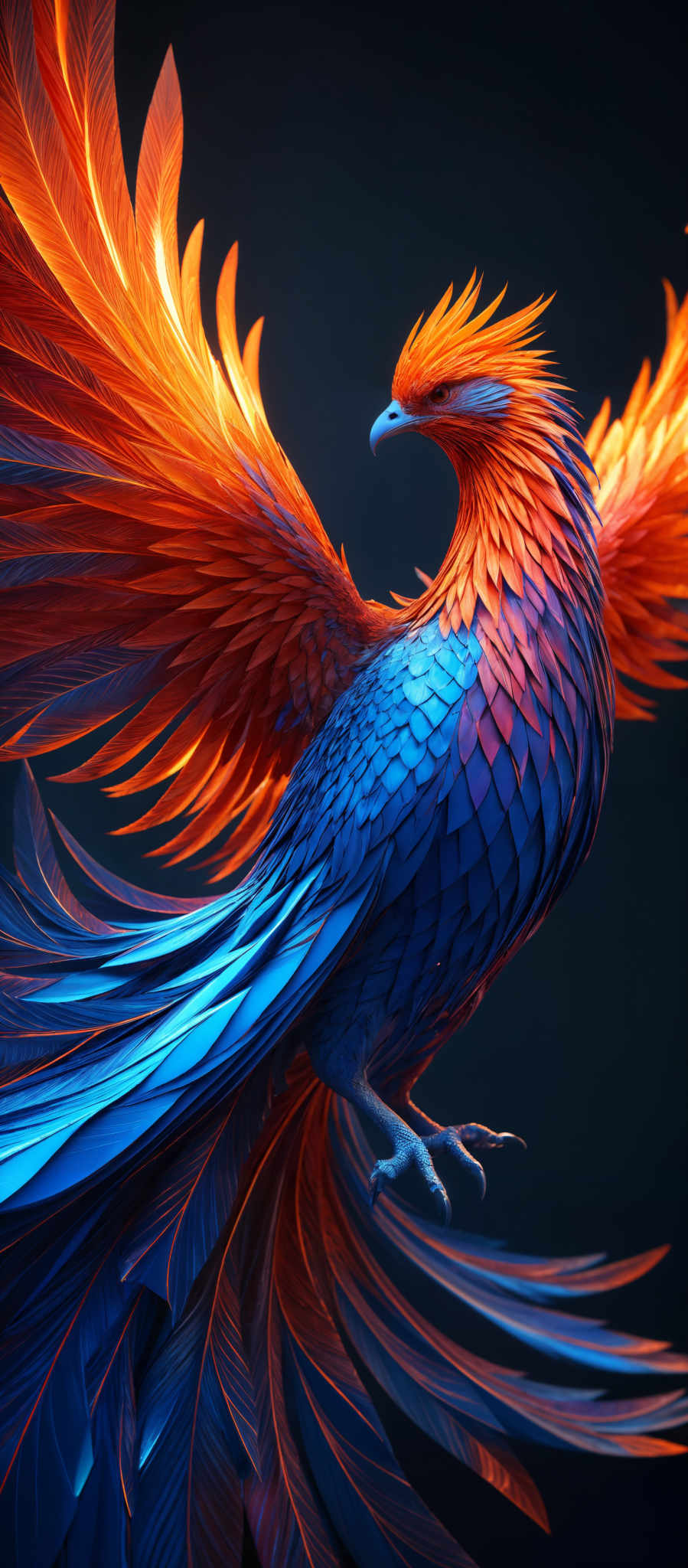 The image showcases a vibrant and intricately designed bird, which appears to be a phoenix or a similar mythical creature. The bird's feathers are rendered in a spectrum of colors, predominantly shades of blue, orange, and red. The wings are spread wide, showcasing the fiery orange and vibrantly blue feathers. The head of the bird is adorned with a bright orange crest, and its eyes are sharp and focused. The overall design is detailed, with each feather layered meticulously, giving the bird a majestic and ethereal appearance.