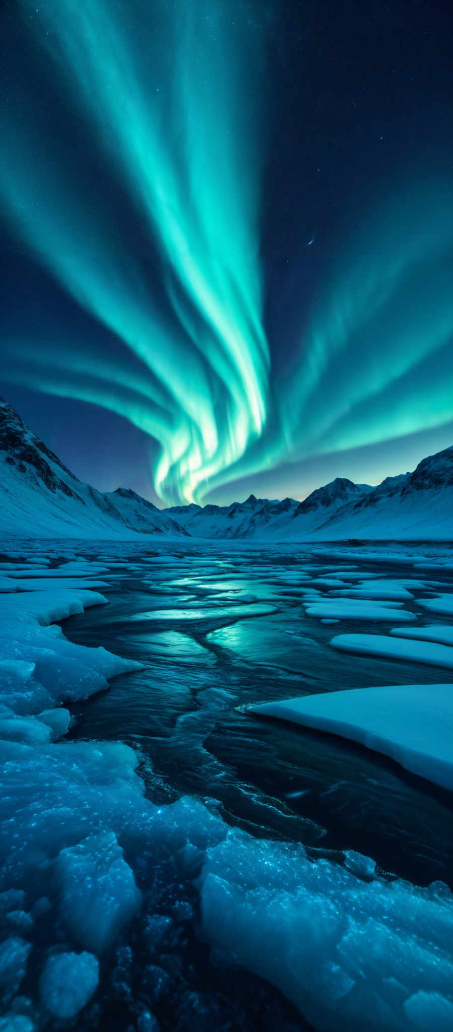 The image showcases a breathtaking view of the Northern Lights, also known as the Aurora Borealis. The lights display a vibrant shade of green, swirling and dancing across the night sky. They form an almost ethereal pattern, reminiscent of waves or flames. Below the sky, there's a snowy landscape with mountains in the distance. The terrain is partially covered with ice, with patches of clear water reflecting the lights. The overall ambiance of the image is serene and awe-inspiring, capturing the raw beauty of nature.