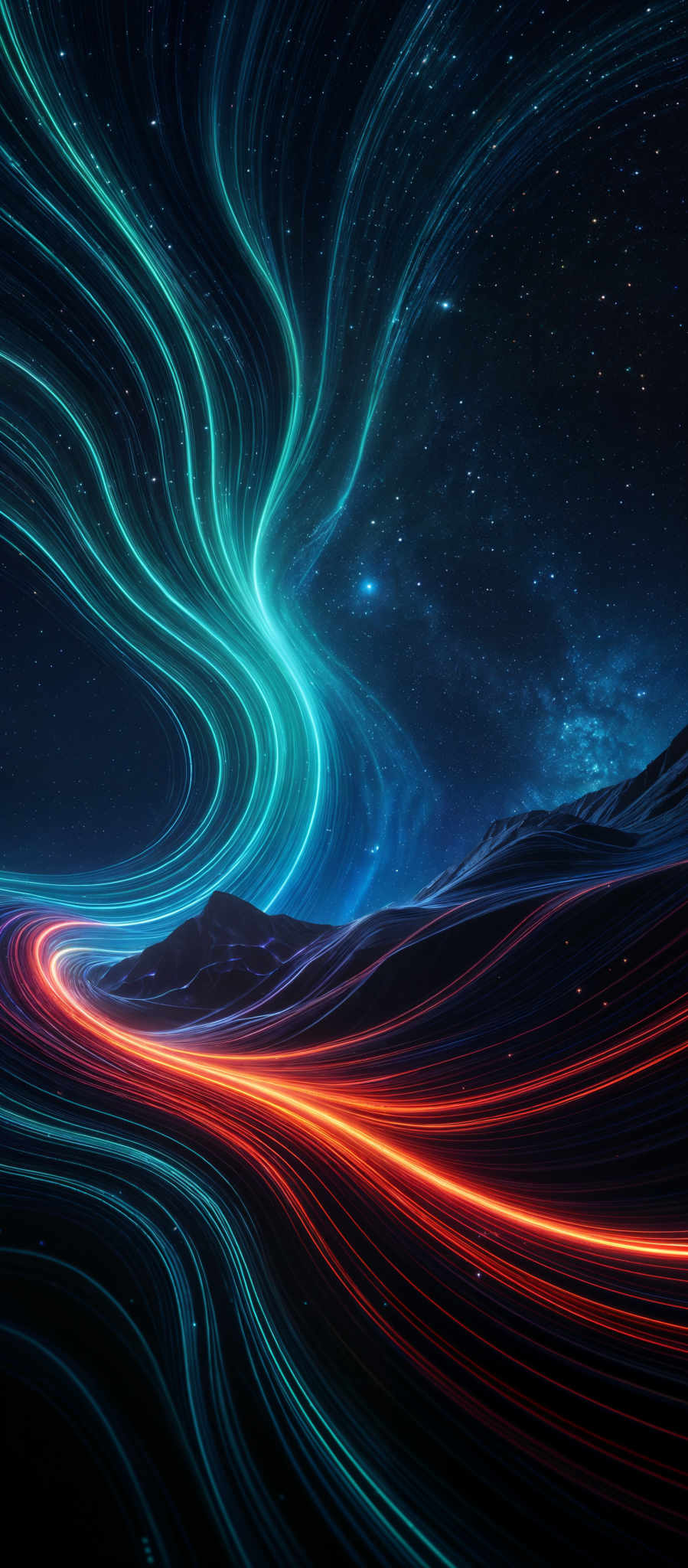 The image showcases a vibrant and mesmerizing scene of swirling, flowing lines of light. These lines are in a myriad of colors, including deep blues, turquoises, and fiery reds. They seem to be moving in a fluid manner, reminiscent of waves or streams of energy. The background is a deep, starry night sky, adding to the ethereal and otherworldly feel of the image, as if the lines of energy are emanating from or interacting with the cosmos.