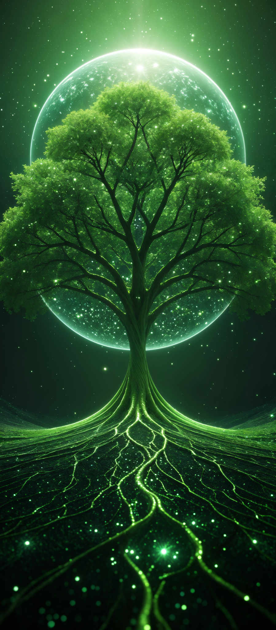 The image showcases a vibrant and mystical scene. Dominating the center is a large, sprawling tree with dense green foliage. The tree's roots extend outwards, forming intricate patterns on the ground, which is illuminated with a radiant green glow. Above the tree, there's a large translucent orb or sphere, possibly representing a moon or another celestial body, which emanates a soft, ethereal light. The background is filled with a deep green hue, dotted with numerous shining stars, giving the impression of a night sky.