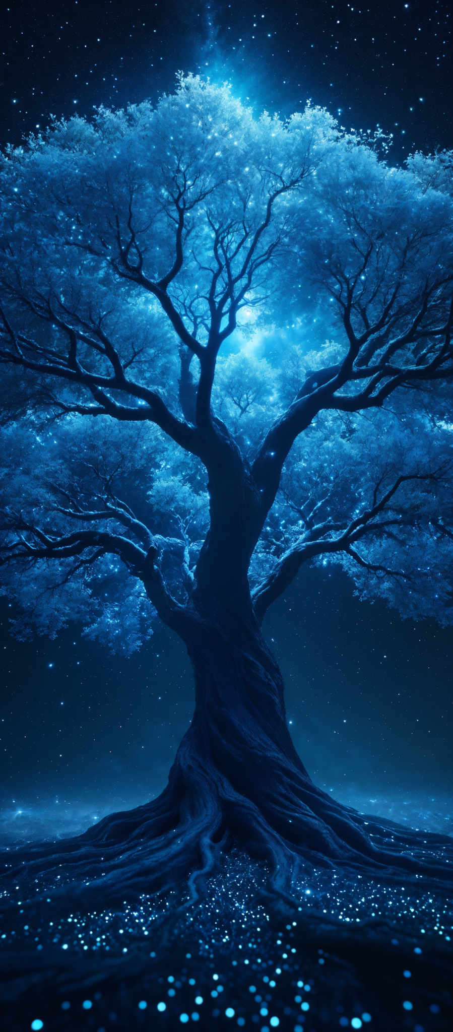 The image showcases a majestic tree with sprawling branches, set against a backdrop of a starry night sky. The tree's leaves are illuminated in a shimmering blue hue, giving them a luminescent appearance. The ground beneath the tree is also bathed in a similar blue light, with scattered glowing dots that resemble fireflies or stars. The overall ambiance of the image is serene and mystical, evoking feelings of wonder and tranquility.