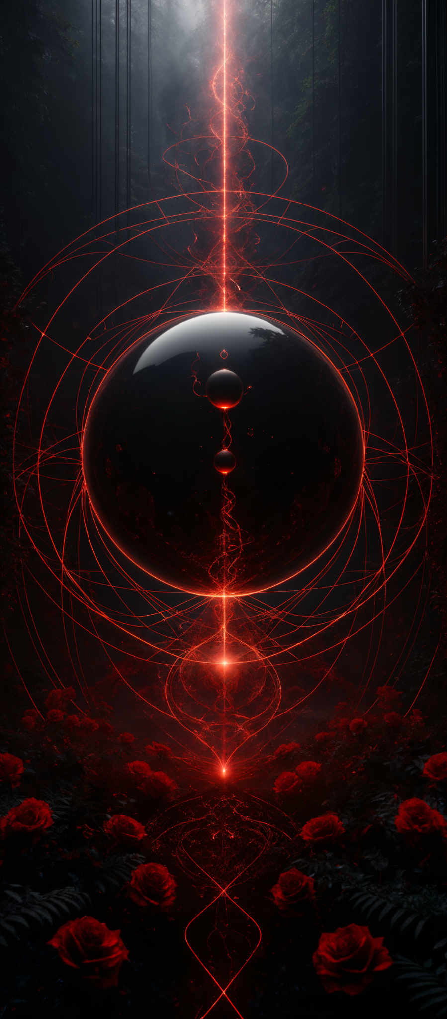 The image predominantly features dark and moody tones with a striking contrast of bright reds. The central element is a large, dark, spherical object that appears to be suspended in mid-air. Surrounding this sphere are intricate red spiral patterns, emanating a glowing light. Below the sphere, there's a reflection of the same spiral pattern, creating a symmetrical visual effect. The background is a dense forest with tall trees, and the ground is covered in red roses, adding to the mystical and ethereal ambiance of the scene.