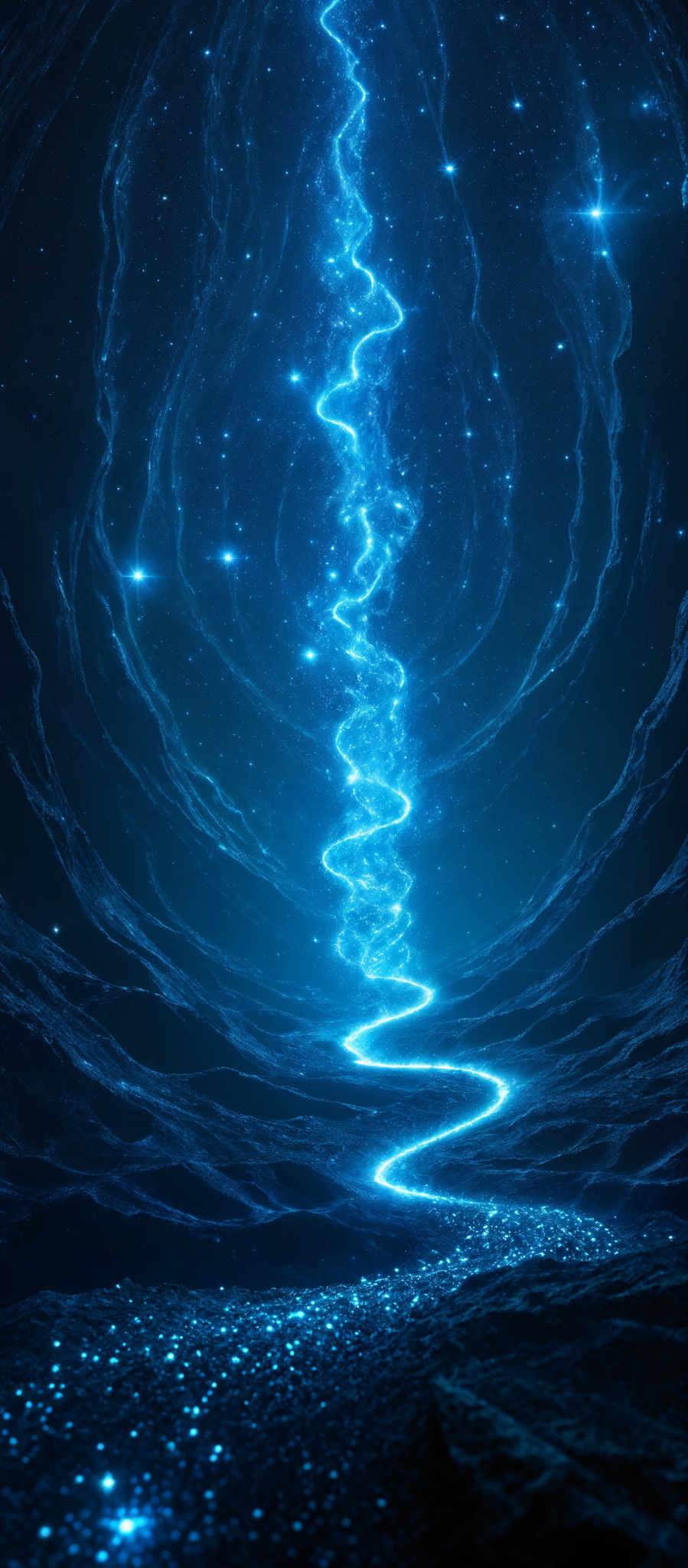 The image predominantly features shades of blue, ranging from deep navy to lighter hues. The central focus is a winding, glowing blue pathway that appears to be made of energy or light, ascending from the bottom to the top of the image, surrounded by swirling patterns that resemble waves or ripples. These patterns are set against a backdrop of a starry night sky, with numerous bright stars scattered throughout. The overall ambiance of the picture is mystical and otherworldly, evoking feelings of wonder and curiosity.