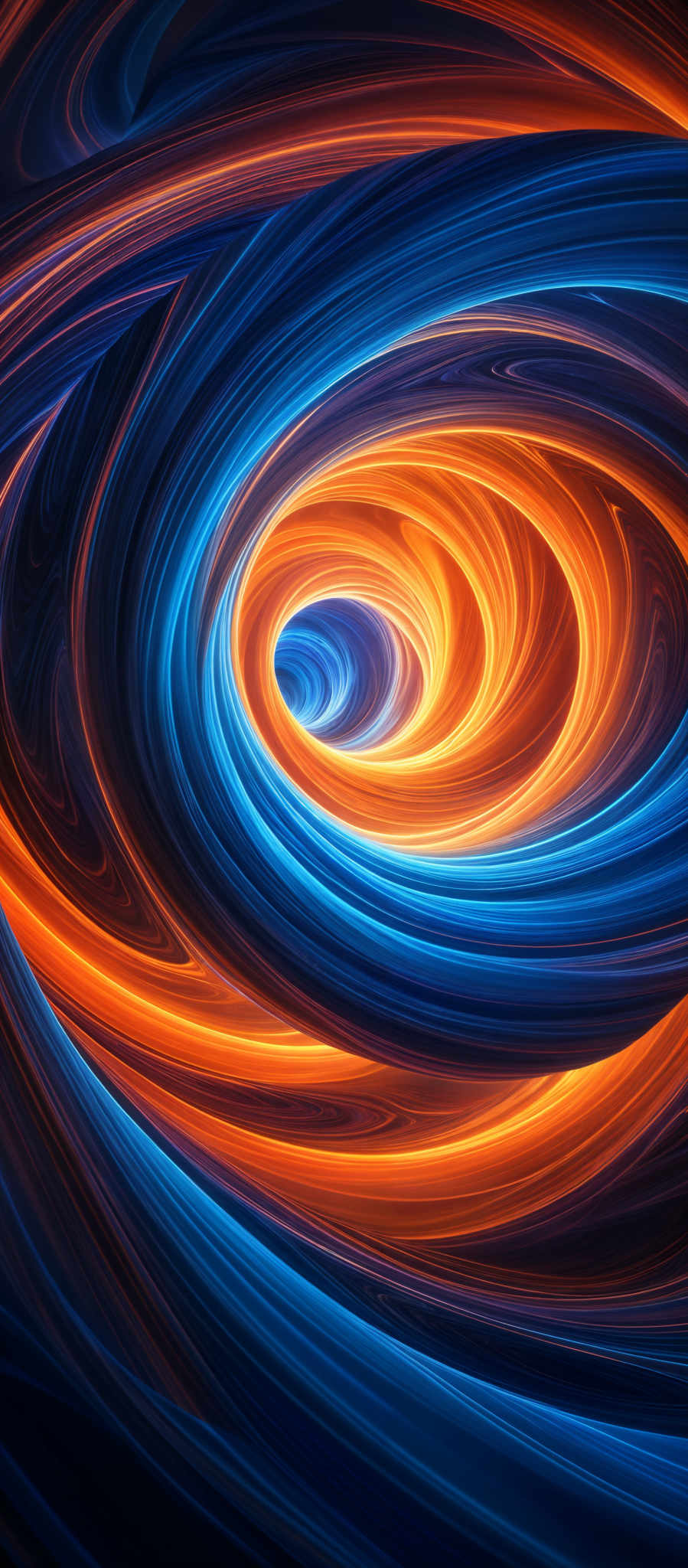 The image showcases a vibrant and dynamic swirl of colors. The predominant colors are deep blue, fiery orange, and hints of red. The swirls are intricate, resembling the flow of molten lava or the whirlpool of a vortex. The shape is reminiscent of a spiral or vortex, with the colors swirling inwards, creating a mesmerizing effect.