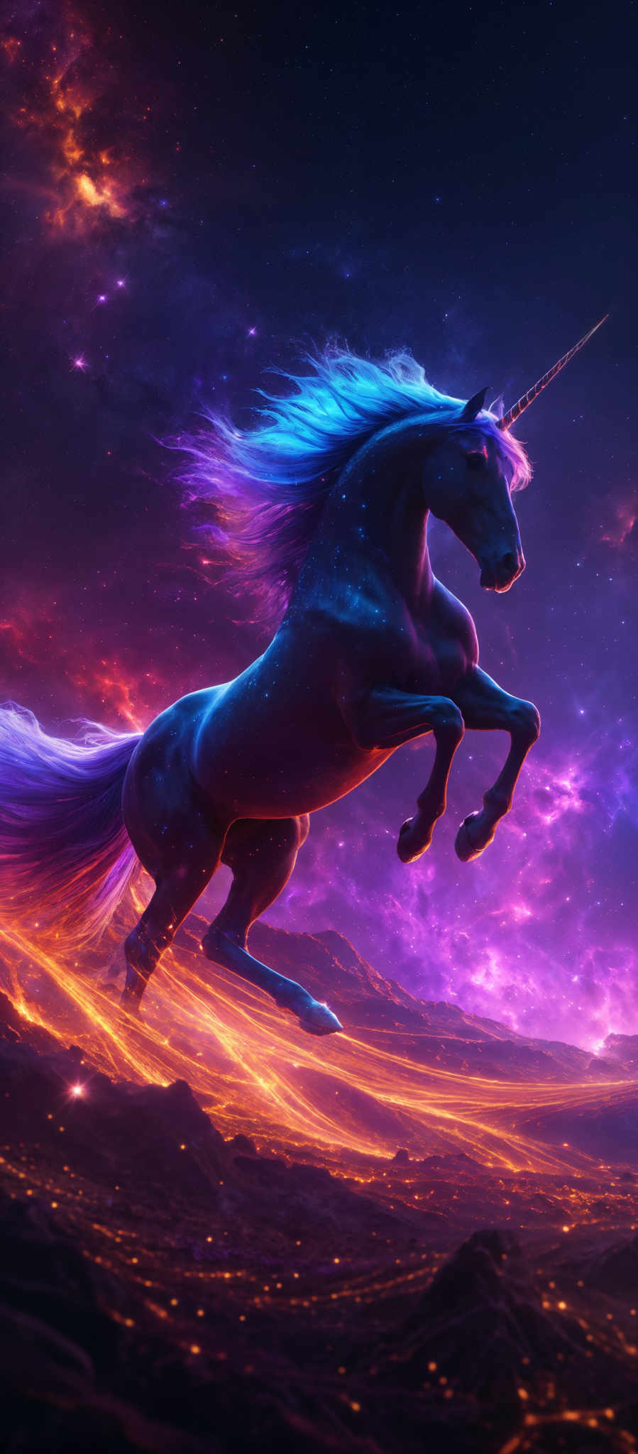 The image showcases a majestic unicorn with a vibrant mane and tail that flows in hues of blue and purple. The unicorm has a long, slender horn pointing upwards. The background is a cosmic scene with vivid colors of red, purple, and blue, resembling a galaxy or nebula. There are also glowing stars scattered throughout the background. The foreground features a fiery landscape with molten lava and glow emanating from the ground.