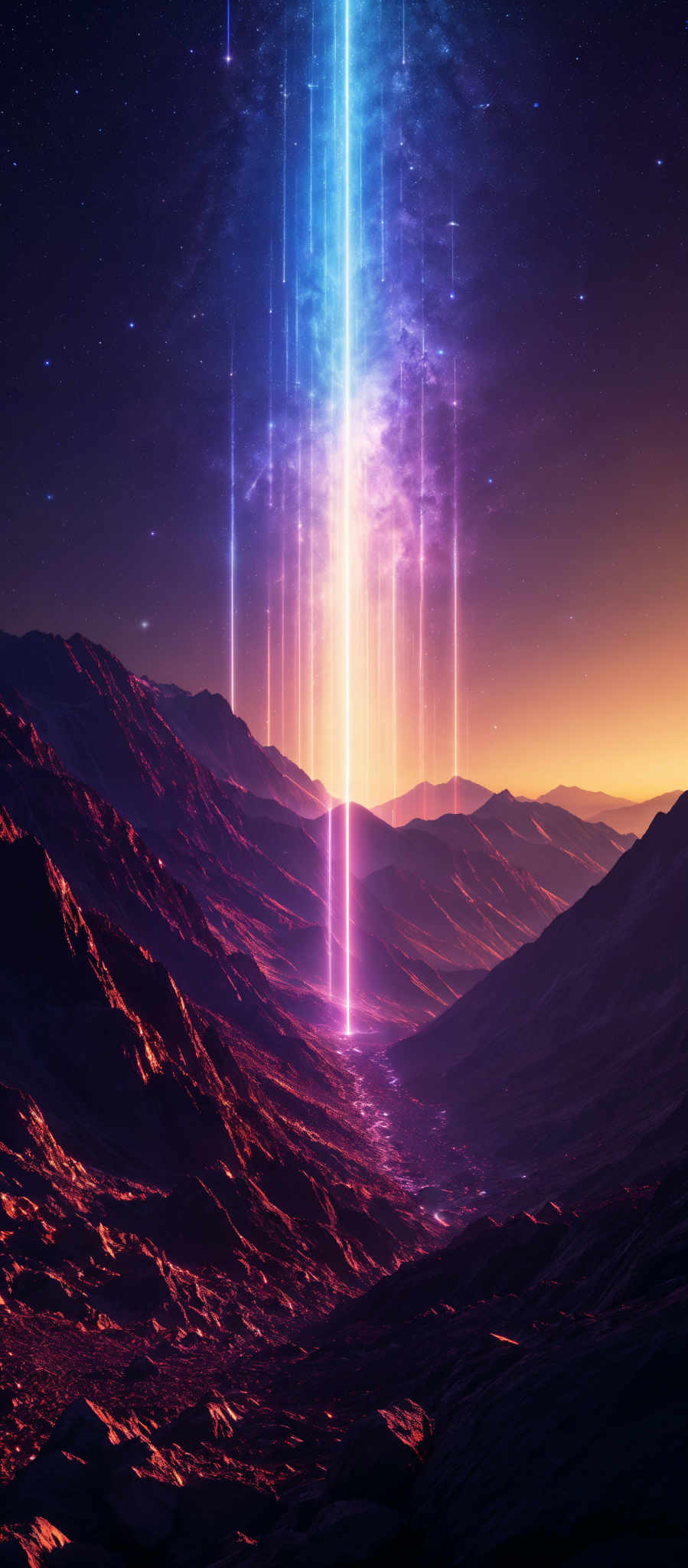 The image showcases a vibrant and dramatic landscape. The sky is dominated by a cascade of vertical beams of light, transitioning from a deep blue at the top to a radiant pinkish-purple hue towards the bottom. These beams seem to originate from a celestial body, possibly a distant star or planet. The landscape below is rugged with jagged mountains, and the terrain appears to be rocky and uneven. The mountains are illuminated by the ambient light from the sky, casting a warm orange glow on their slopes. The overall atmosphere of the image is both ethereal and mysterious, evoking feelings of wonder and awe.