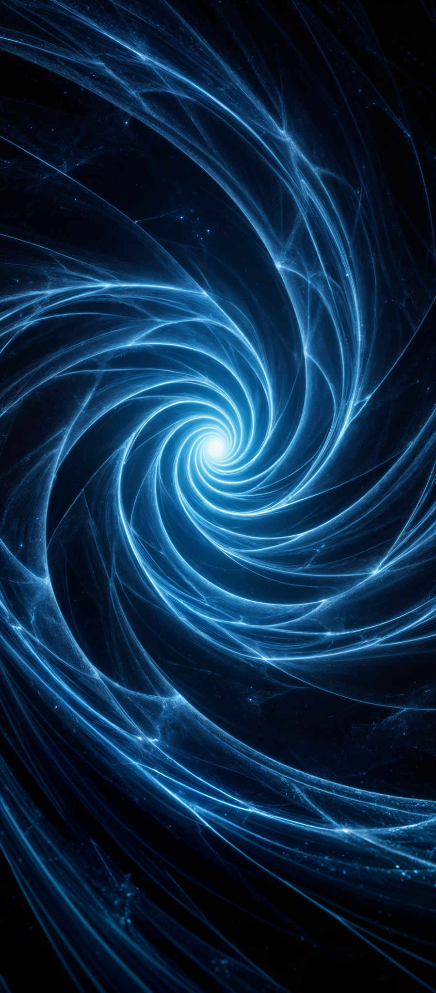 The image showcases a mesmerizing swirl of blue light, reminiscent of a galaxy or a whirlpool. The swirls are intricate, spiraling outwards, and emanate a bright, luminous glow. The background is dark, which accentuates the luminosity of the swirls, giving the impression of depth and vastness.