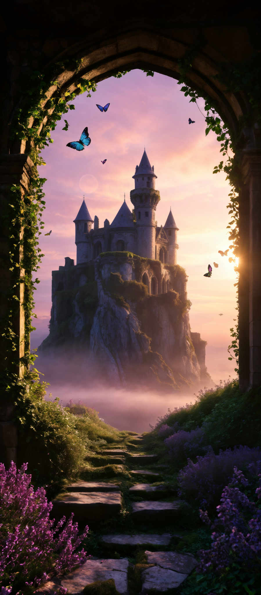 The image showcases a picturesque scene of a castle perched atop a rocky hill, surrounded by a misty atmosphere. The castle has multiple turrets and is constructed of stone. In the foreground, there's an archway made of stone, overgrown with ivy and adorned with butterflies. The path leading to the castle is paved with stone slabs, and it's flanked by vibrant purple flowers. The sky is painted in hues of pink and orange, suggesting either a sunrise or sunset. The overall ambiance of the image is serene and magical.