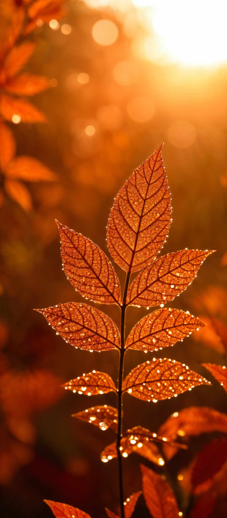 The image showcases a close-up view of leaves, possibly during the autumn season. The leaves are reddish-brown in color, with intricate vein patterns visible. They are covered in dewdrops, which glisten and reflect light, giving them a shimmering appearance. The background is blurred with a warm, golden hue, possibly from the sunlight, creating a bokeh effect.