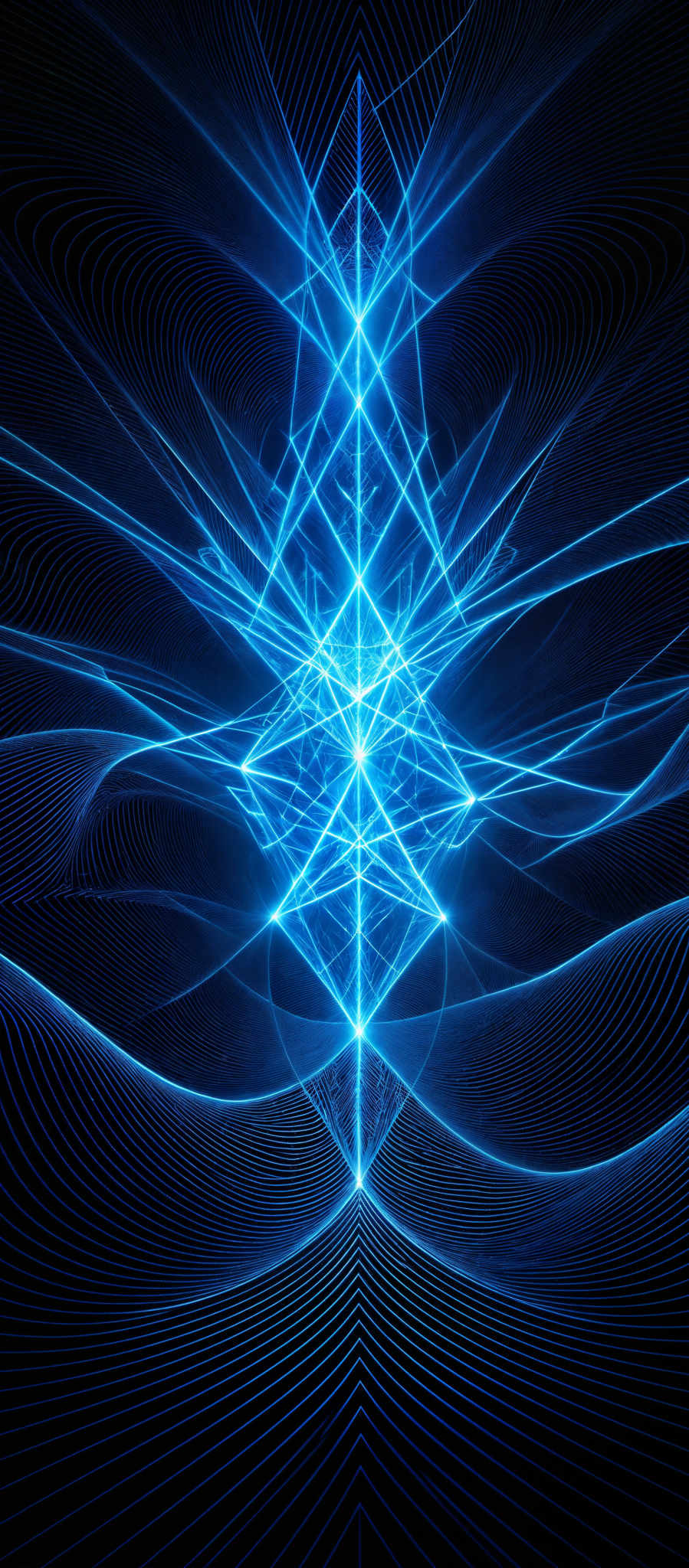 The image predominantly features a deep blue color scheme. It showcases intricate geometric patterns, with a central symmetrical design that resembles a series of interconnected triangles and lines. These patterns radiate outwards, creating a sense of depth and dimension. The overall effect is reminiscent of a digital or abstract representation of energy or a cosmic entity.