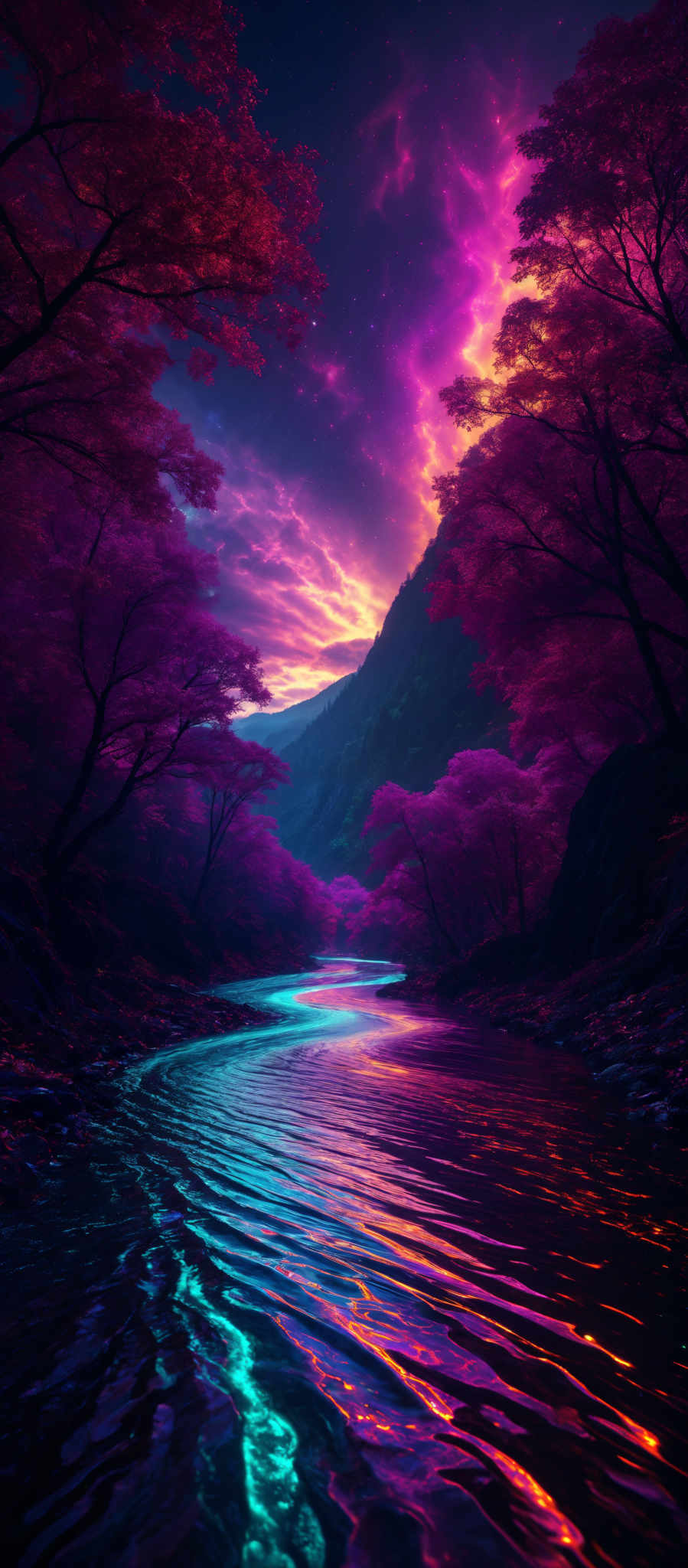 The image showcases a vibrant and mesmerizing landscape. The dominant colors are shades of purple, pink, and blue. The trees, with their intricate branches, are bathed in a purplish hue, reflecting the ethereal light from the sky. The sky itself is a spectacle of colors, with shades ranging from deep purple to fiery orange, suggesting either a sunrise or sunset. A river flows through the center, its waters reflecting both the colors of the sky and the surrounding foliage. The river's ripples create a pattern of light and shadow on its surface. Overall, the image exudes a sense of tranquility