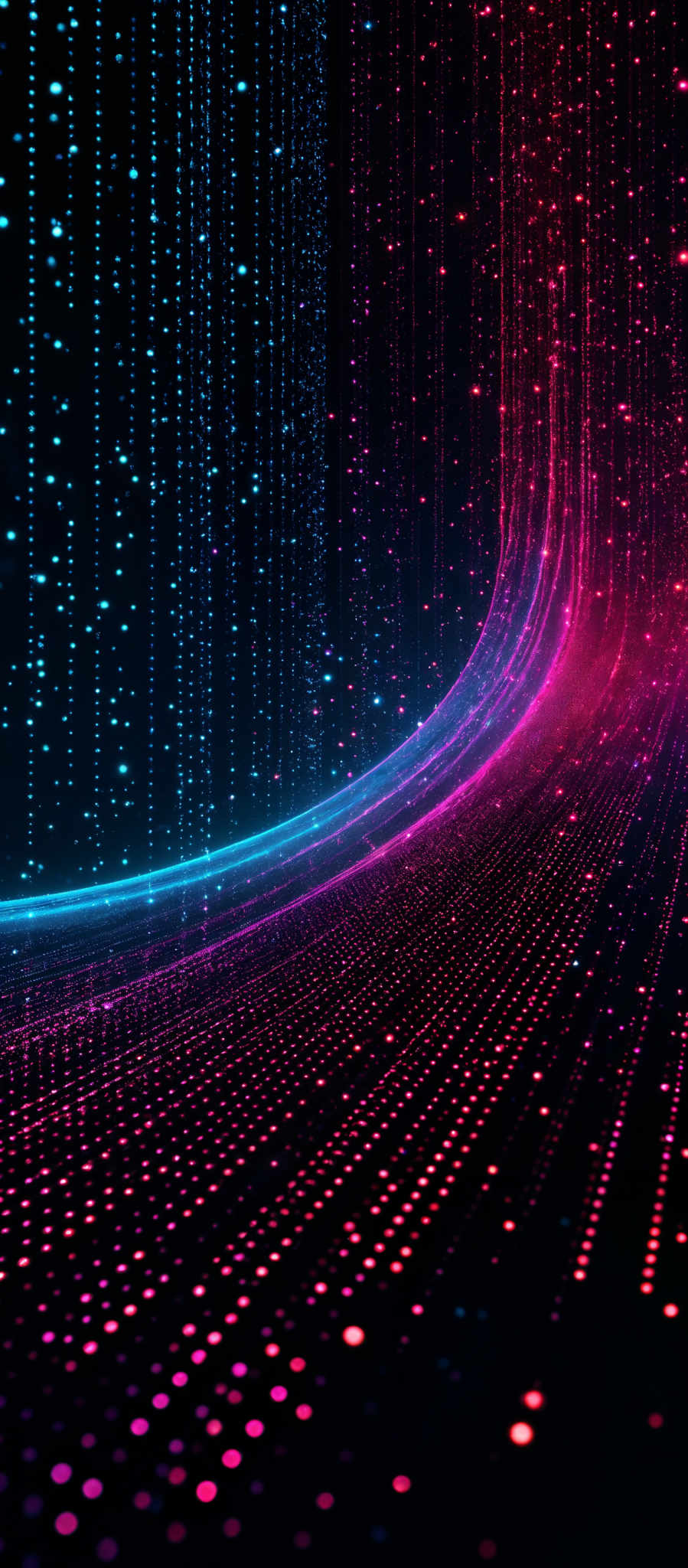 The image showcases a vibrant and dynamic digital landscape. It predominantly features two vertical streaks of colorful particles. The left side is in a shade of blue, with particles that appear as if they are falling or cascading downwards. The right side is a mix of pink and red, with a more curved and wavy pattern of particles. These particles are uniformly sized and spaced, giving the image a sense of depth and movement. The background is dark, which accentuates the brightness and color of the particles.