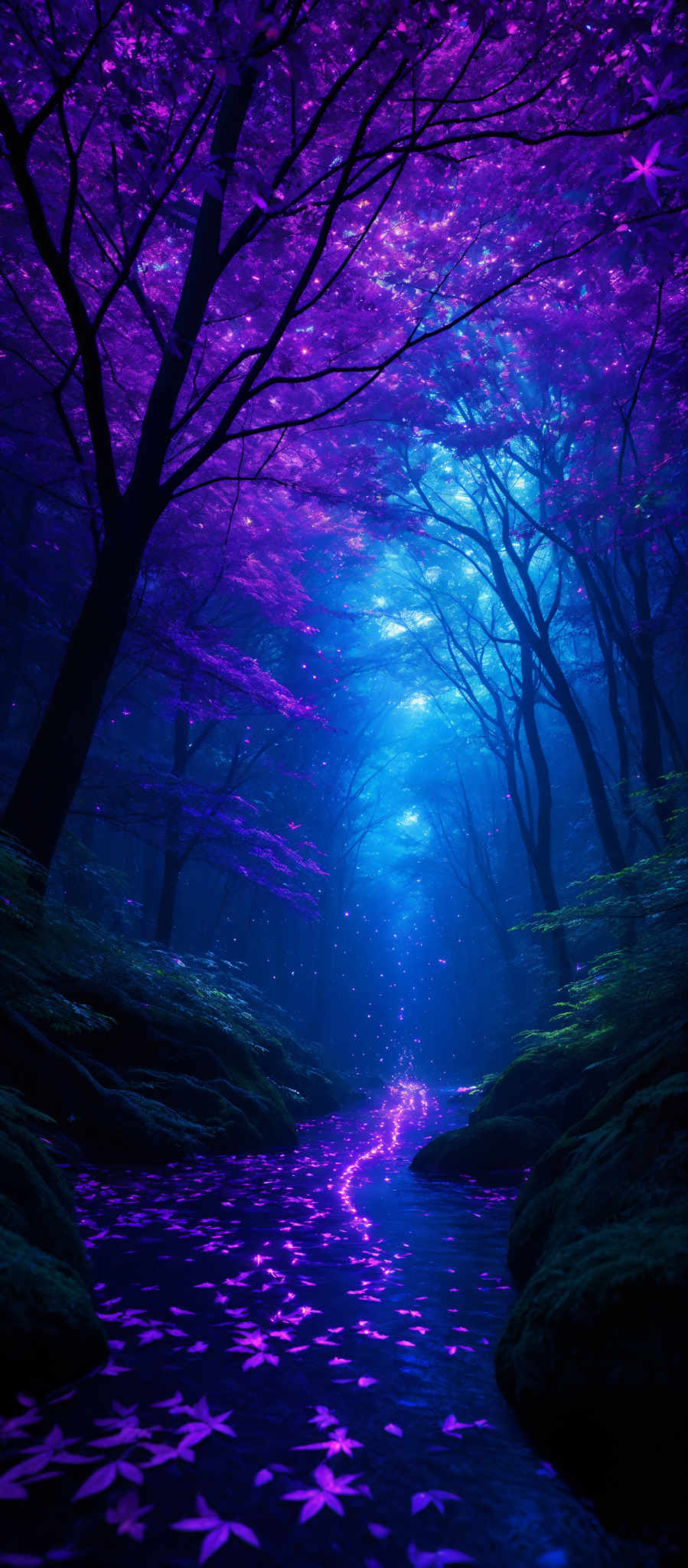 The image showcases a vibrant and mystical forest scene. The dominant colors are shades of purple and blue, creating a dreamy and ethereal atmosphere. The trees have slender trunks and their branches are spread out, creating an intricate network. The ground is covered with large, moss-covered rocks and is adorned with purple flowers that seem to be floating or scattered across the water. A serene stream flows through the center, reflecting the surrounding beauty. The overall scene evokes a sense of wonder and enchantment.