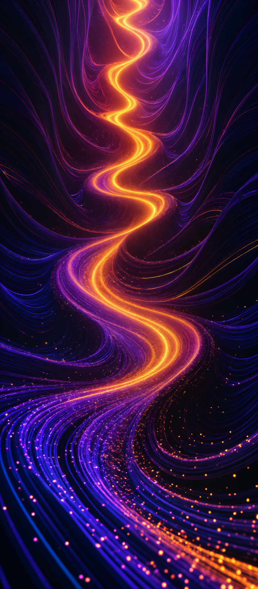 The image showcases a vibrant and mesmerizing visual of intertwining, swirling lines of varying colors. The dominant colors are deep purples and bright oranges, creating a contrast between the cool and warm tones. The swirled lines form a winding path that ascends from the bottom to the top of the image, giving the impression of a journey or a pathway through a cosmic or abstract landscape. The image also contains small, scattered points of light, possibly representing stars or other distant entities, adding depth and dimension to the scene.