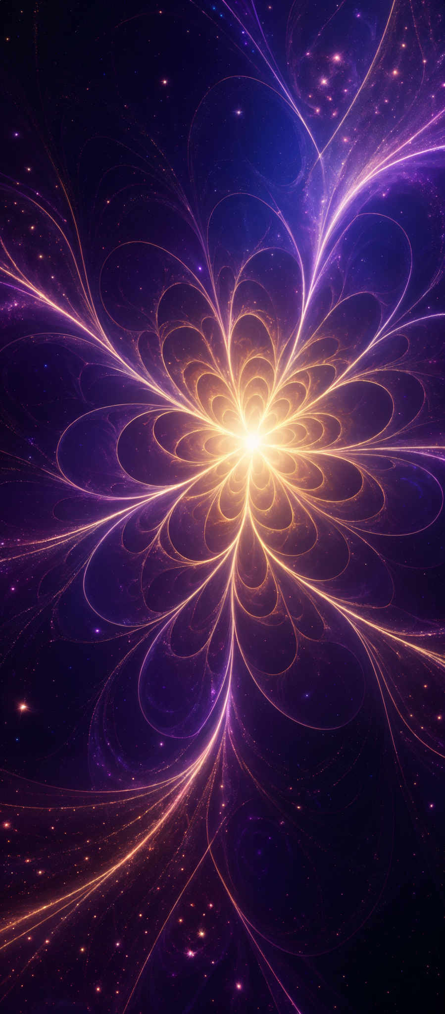 The image showcases a vibrant and mesmerizing fractal pattern. It predominantly features deep blue and purple hues, intertwined with golden-yellow streaks that radiate outwards. The central part of the image has a bright, glowing core, resembling a flower or a burst of energy. The fractals are intricate, with swirling patterns that seem to defy gravity and space, giving an impression of a cosmic or otherworldly scene.