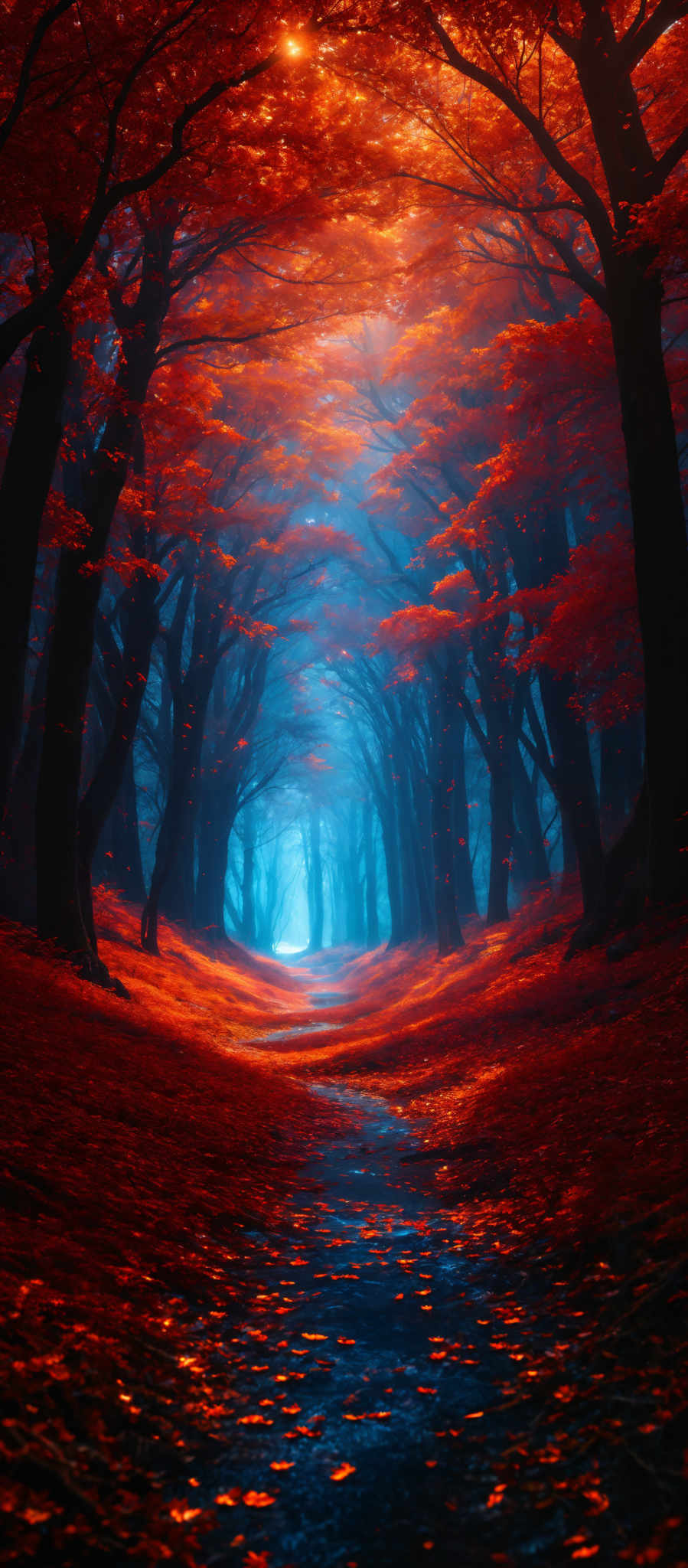 The image showcases a breathtaking forest during autumn. The dominant colors are fiery reds and deep blues. The trees, with their twisted and gnarled trunks, are adorned with vibrant red leaves that seem to be falling, creating a carpet on the forest floor. A winding path, also covered in fallen leaves, leads the viewer's eye deeper into the forest, where a soft blue light filters through the canopy, creating an ethereal glow.