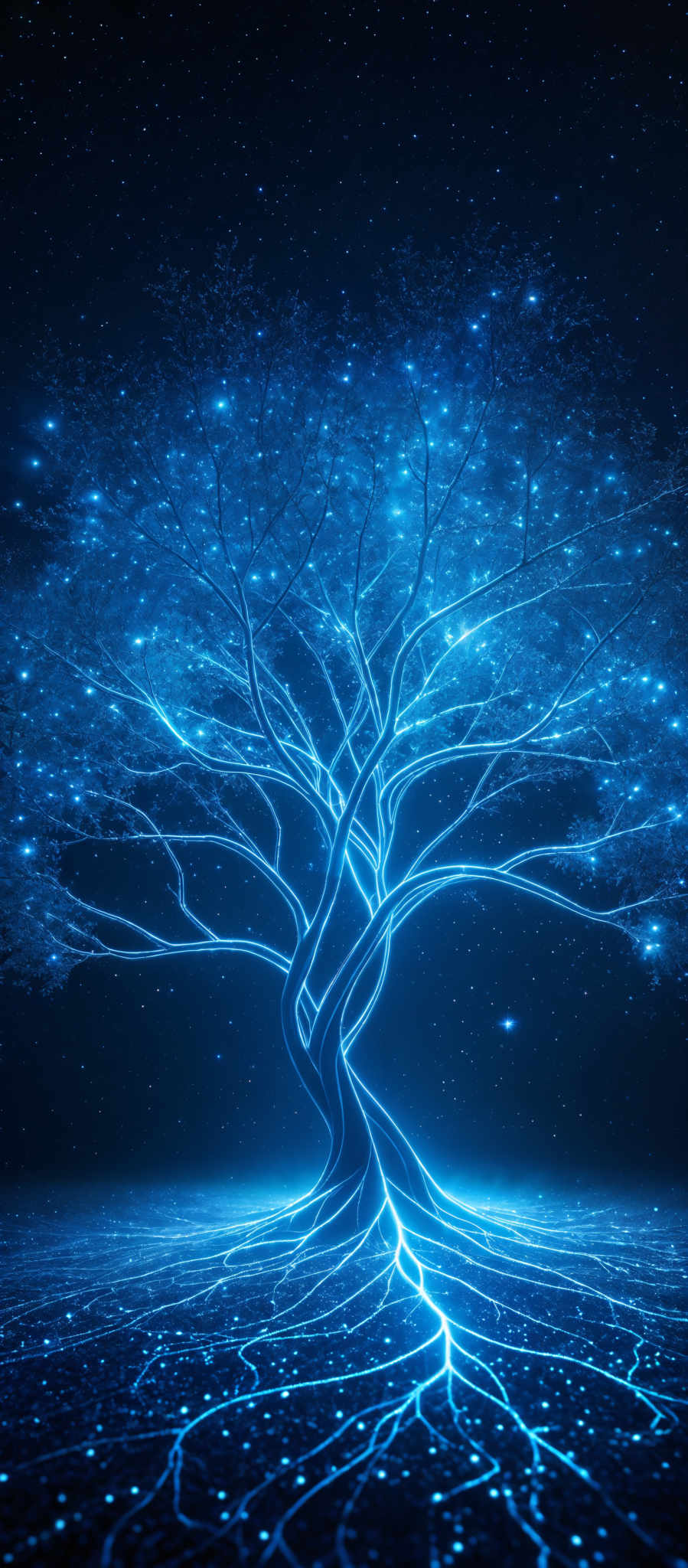 The image showcases a vibrant and mesmerizing scene of a tree. The tree is intricately designed with glowing blue tendrils and roots that radiate a luminous light. The canopy of the tree is adorned with shimmering blue leaves that seem to be illuminated from within, giving them a radiant and ethereal appearance. The background is a deep blue, dotted with numerous shining stars, creating a cosmic and dreamlike atmosphere.