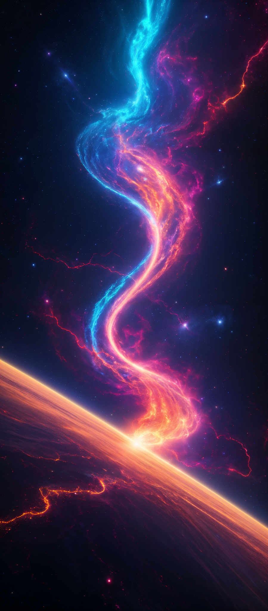 The image showcases a vibrant cosmic scene. It features swirling patterns of vivid colors, including shades of blue, pink, and orange. These colors seem to emanate from a central point, creating a mesmerizing spiral effect. The swirls are intertwined with streaks of electric blue lightning, giving the impression of a dynamic and energetic environment. The background is filled with stars, adding depth and dimension to the scene. The bottom of the image displays what appears to be a planet's surface with fiery lava flows, further emphasizing the intense energy and activity in this cosmic setting.