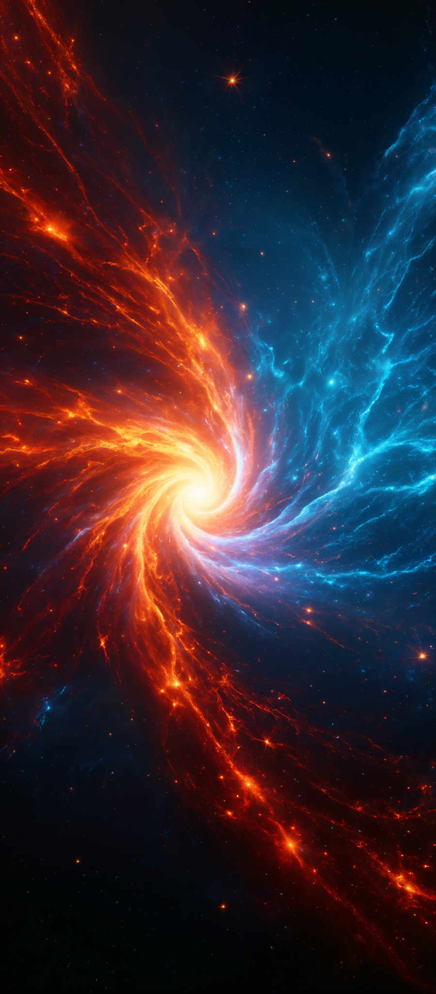 The image showcases a mesmerizing cosmic scene with vibrant colors. Dominating the center is a bright, swirling vortex, emanating a radiant glow. This central structure is surrounded by swirled patterns of fiery red and orange, intertwined with cooler blue and turquoise tendrils. The background is dotted with distant stars, adding depth and dimension to the cosmic tapestry.